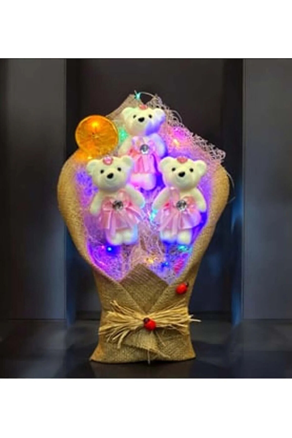 Özel Tasarım Büyük Boy Ayıcık Buketi - RENKLİ Led Işıklı