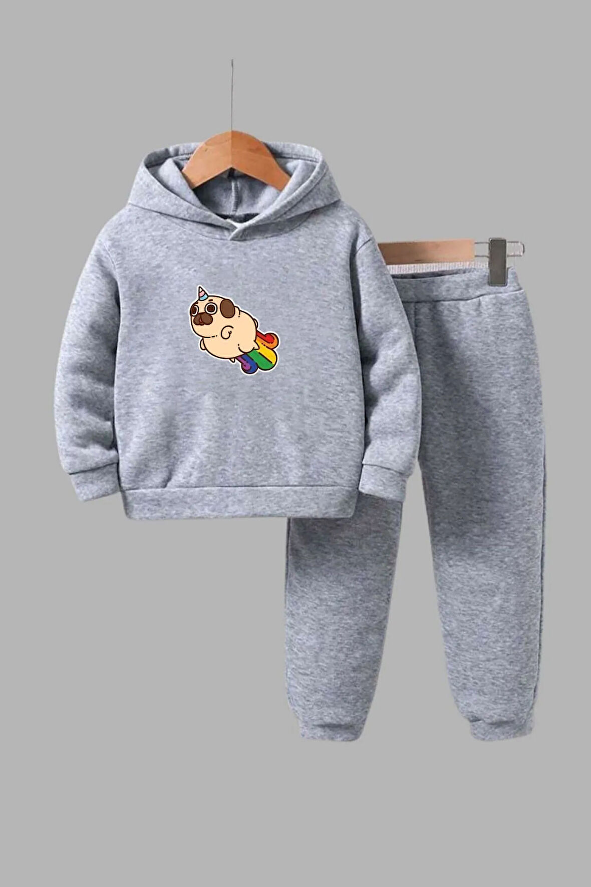 Unisex Çocuk Gri Kapüşonlu Sweatshirt ve Eşofman Altı Takımı Uçan Köpek Baskılı