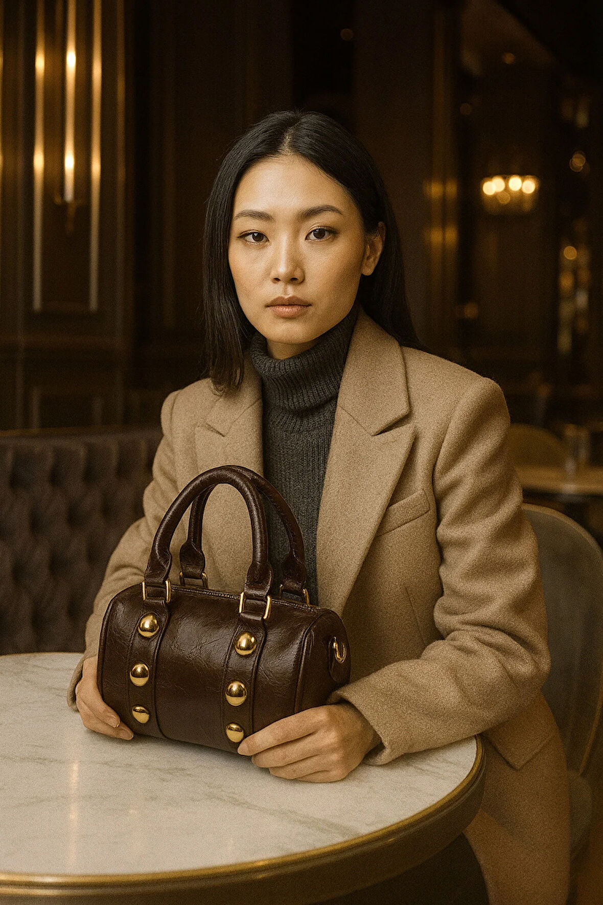 Lüks Altın Detaylı Silindir El ve Omuz Çantası