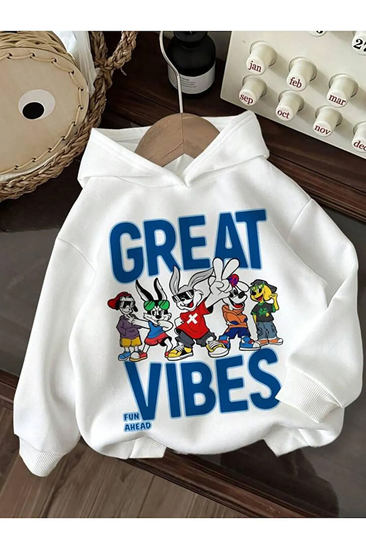 Kız\Erkek Çocuk Beyaz Great Vibes Baskılı Kapşonlu Sweatshirt