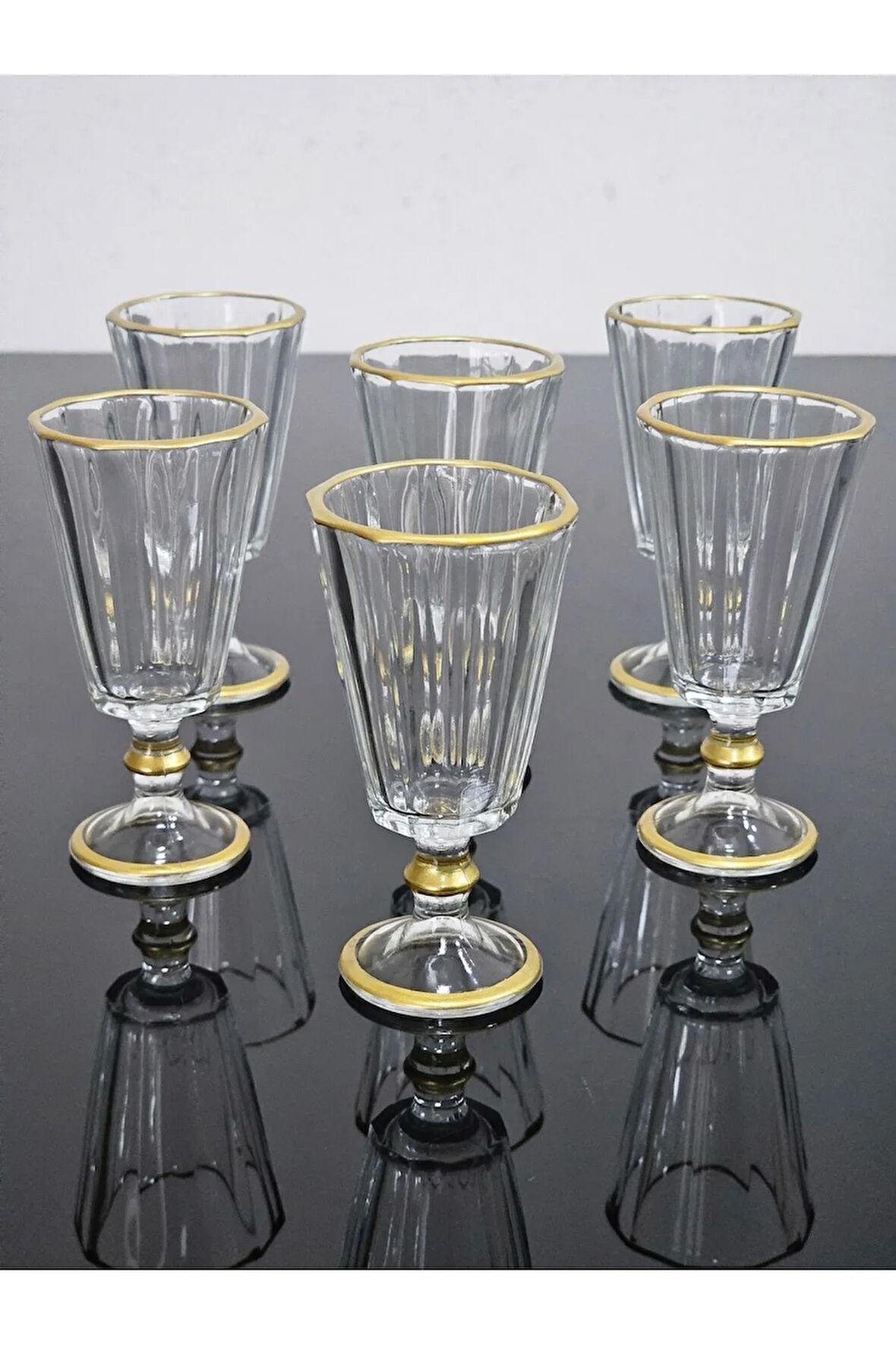 Drem Glass 6'lı Kahve Yanı Flüt Su Bardağı Seti Renkli Gold Yaldızlı