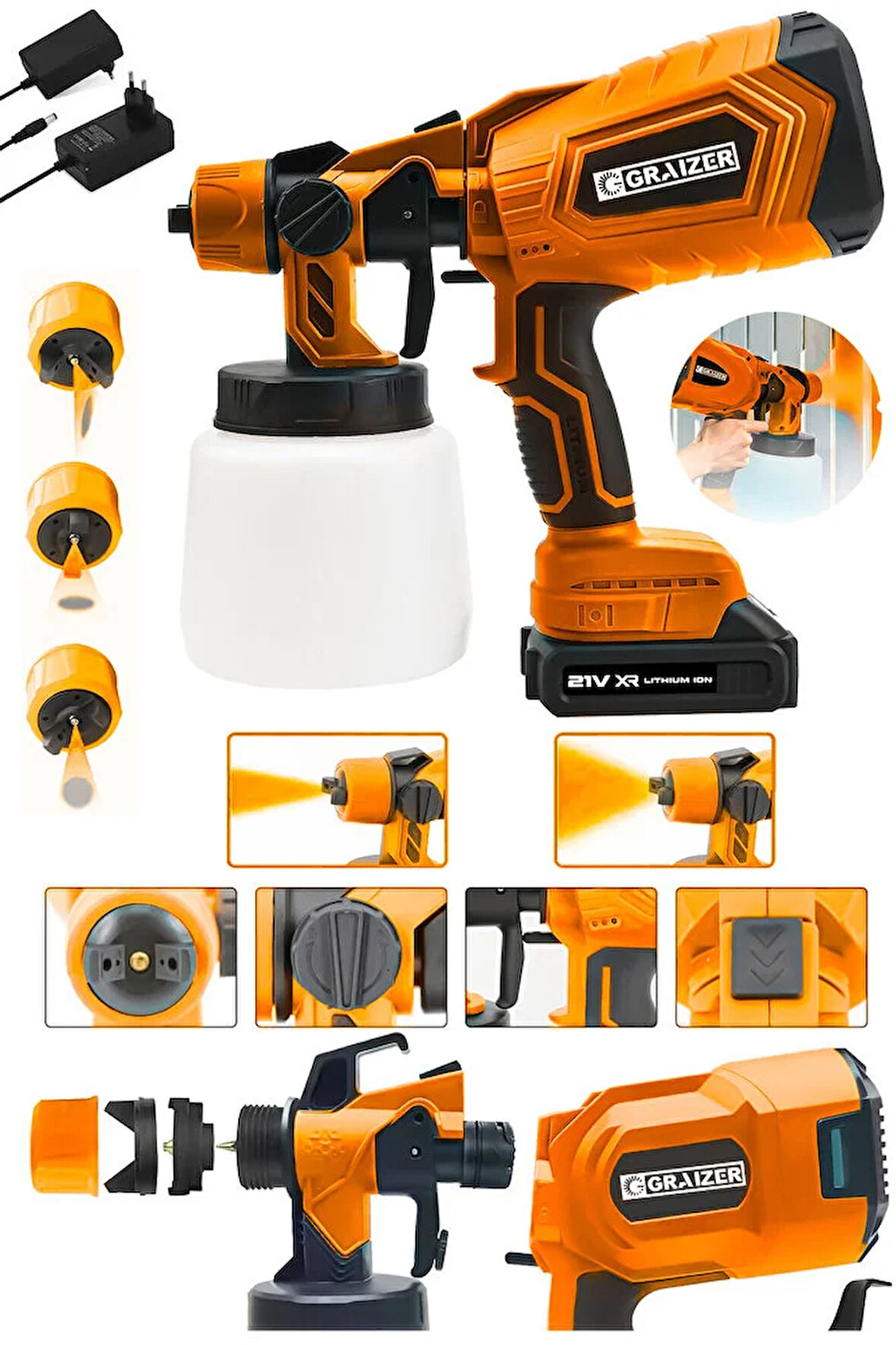 Graizer 21v Çift Akülü 300 Mm Vernik Sprey Boya Püskürtme Makinesi Turuncu