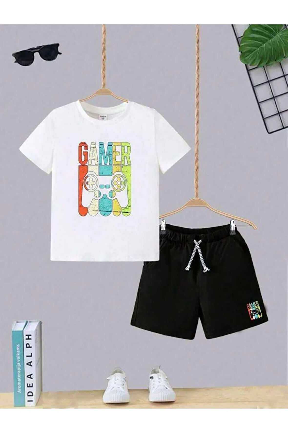 Çocuk Tasarım Gamer Yazı Baskılı T-Shirt Şort Alt Üst Takım %100 Pamuk