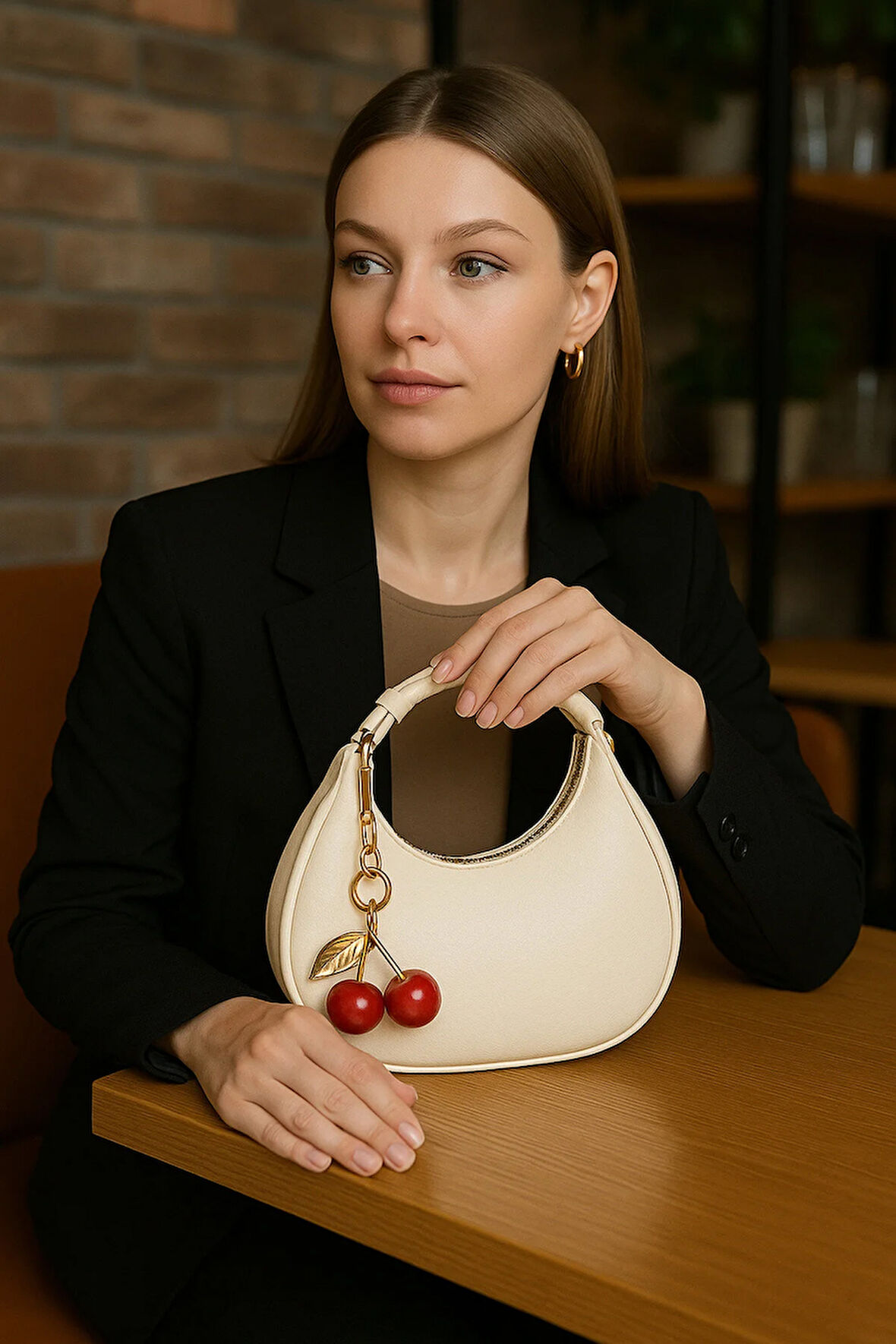 Kiraz Charm Detaylı Omuz Çantası Mini Şık Model