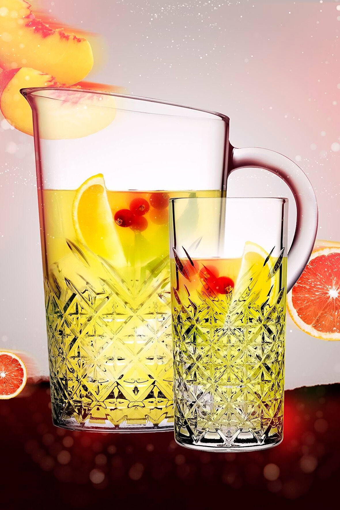 5 Parça Tımeless Sangria / Mojito Kokteyl Keyfi Seti - 4 Uzun Kokteyl Bardağı + Karaf/sürahi