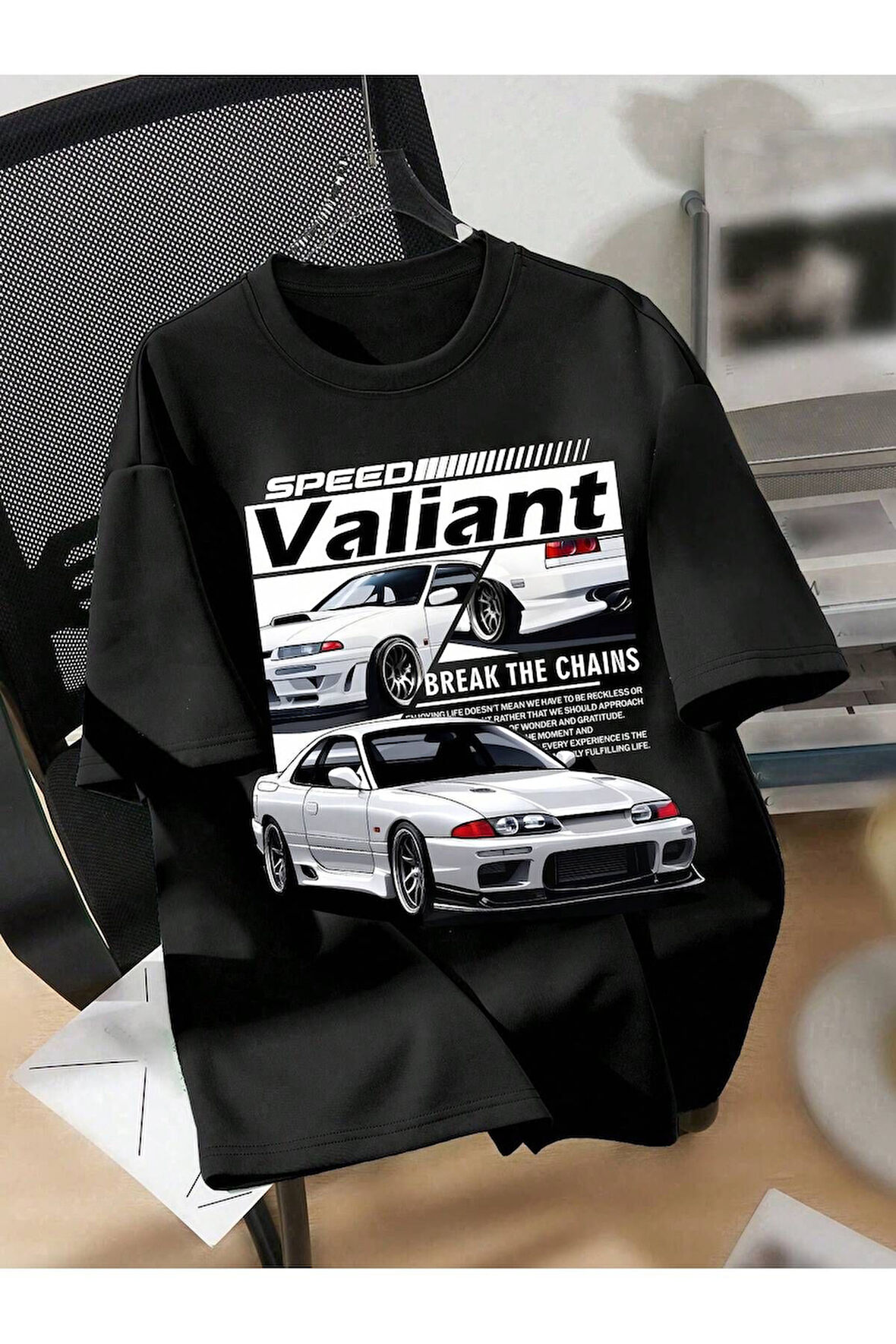 Unisex Valiant Araba Baskılı Oversize T-Shirt