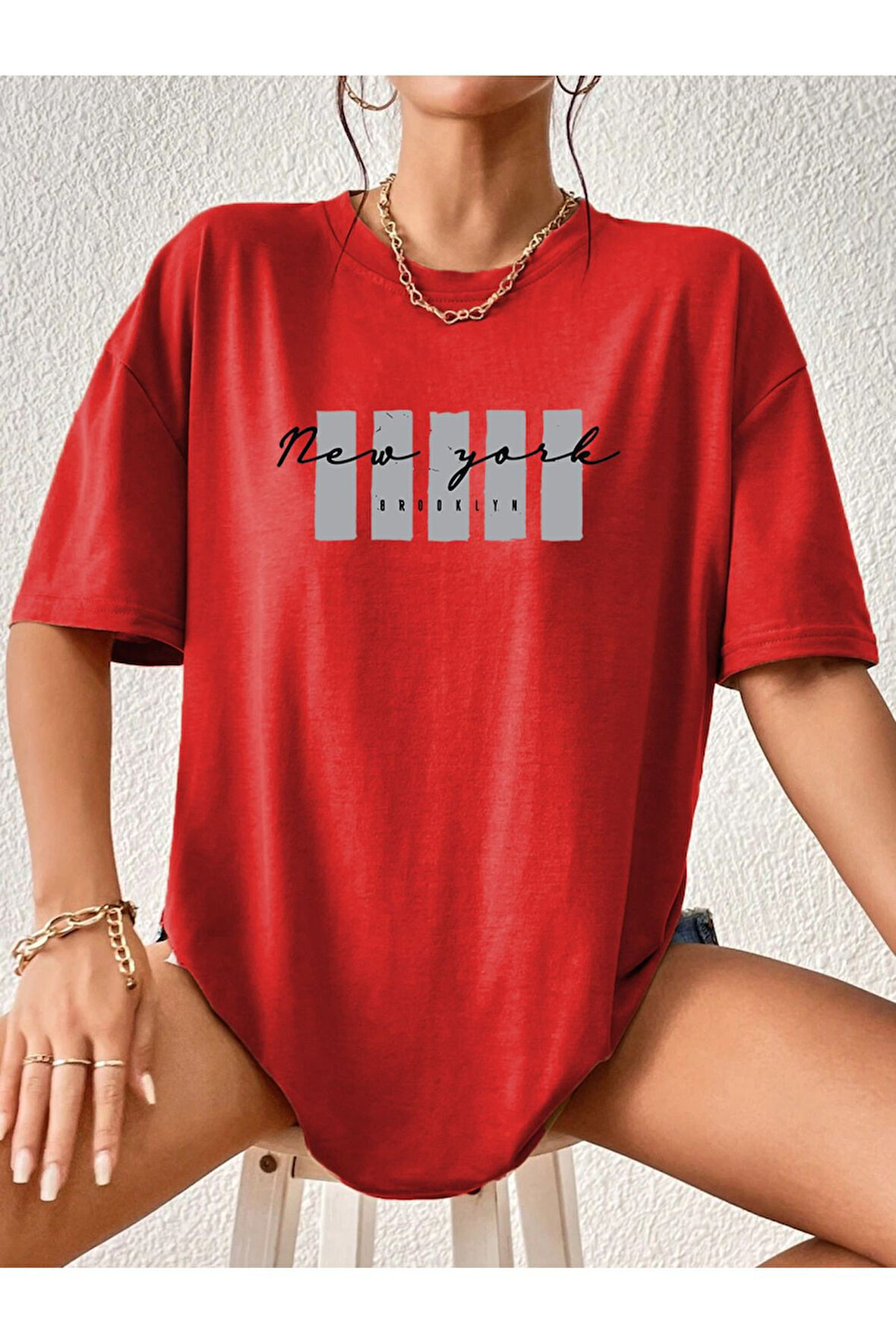 New York X Baskılı Beyaz Tshirt