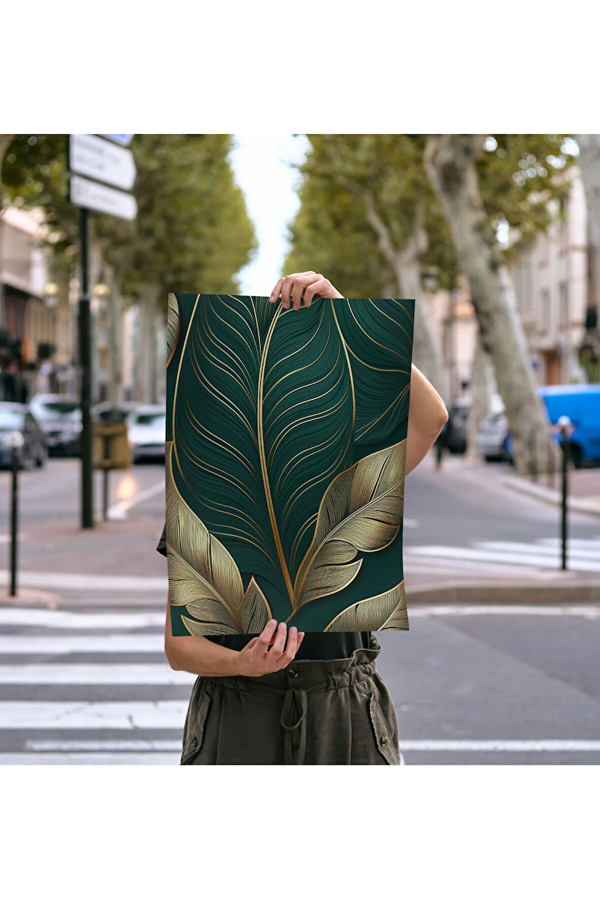 Çerçevesiz Poster, Dijital Baskı Soyut , Zümrüt ve Altın Yaprak