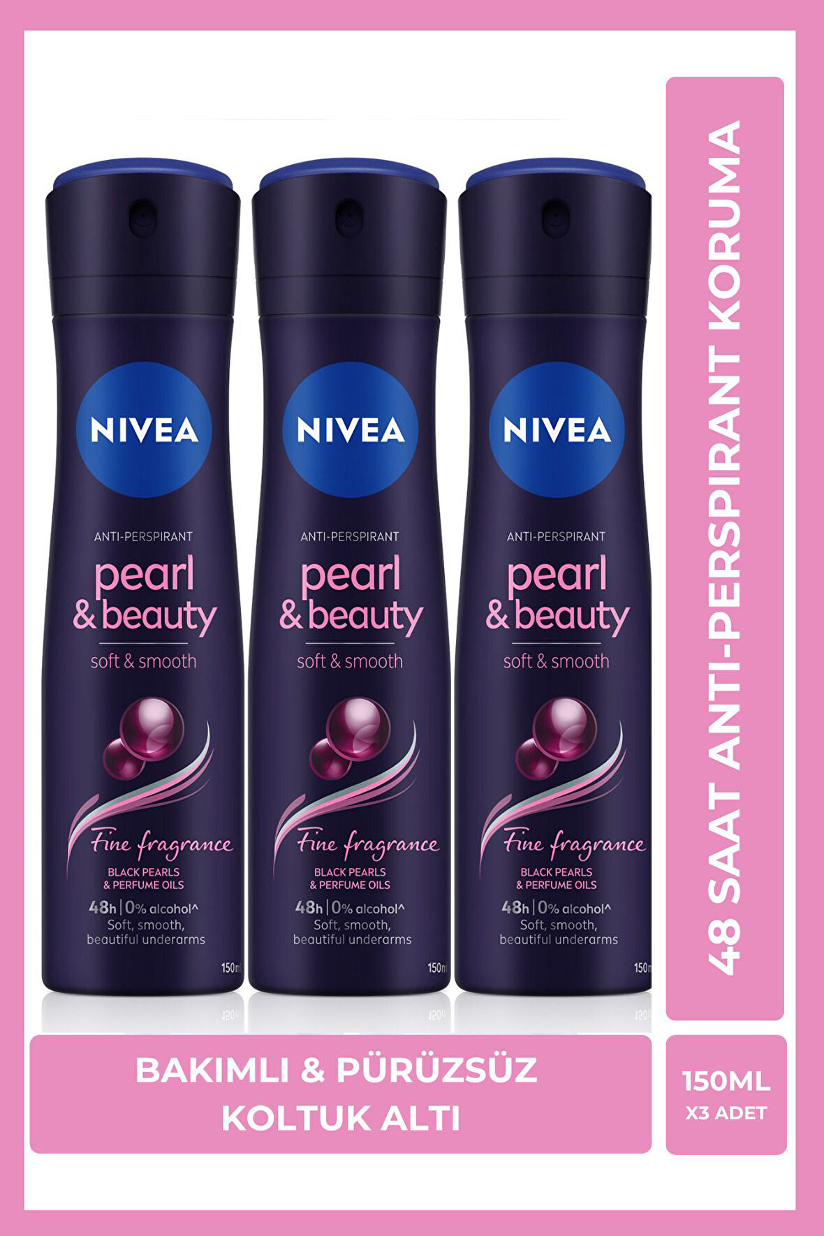Nivea Kadın Sprey Deodorant Pearl&beauty Fine Fragrance 150ml, 48 Saat Anti-perspirant Koruma, X3 Adet