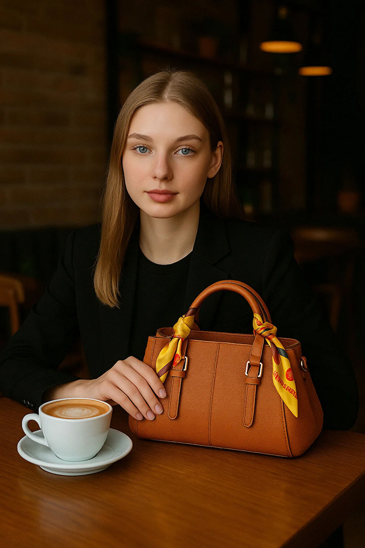 Kadın Şık Deri Görünümlü Fular Detaylı Omuz ve El Çantası