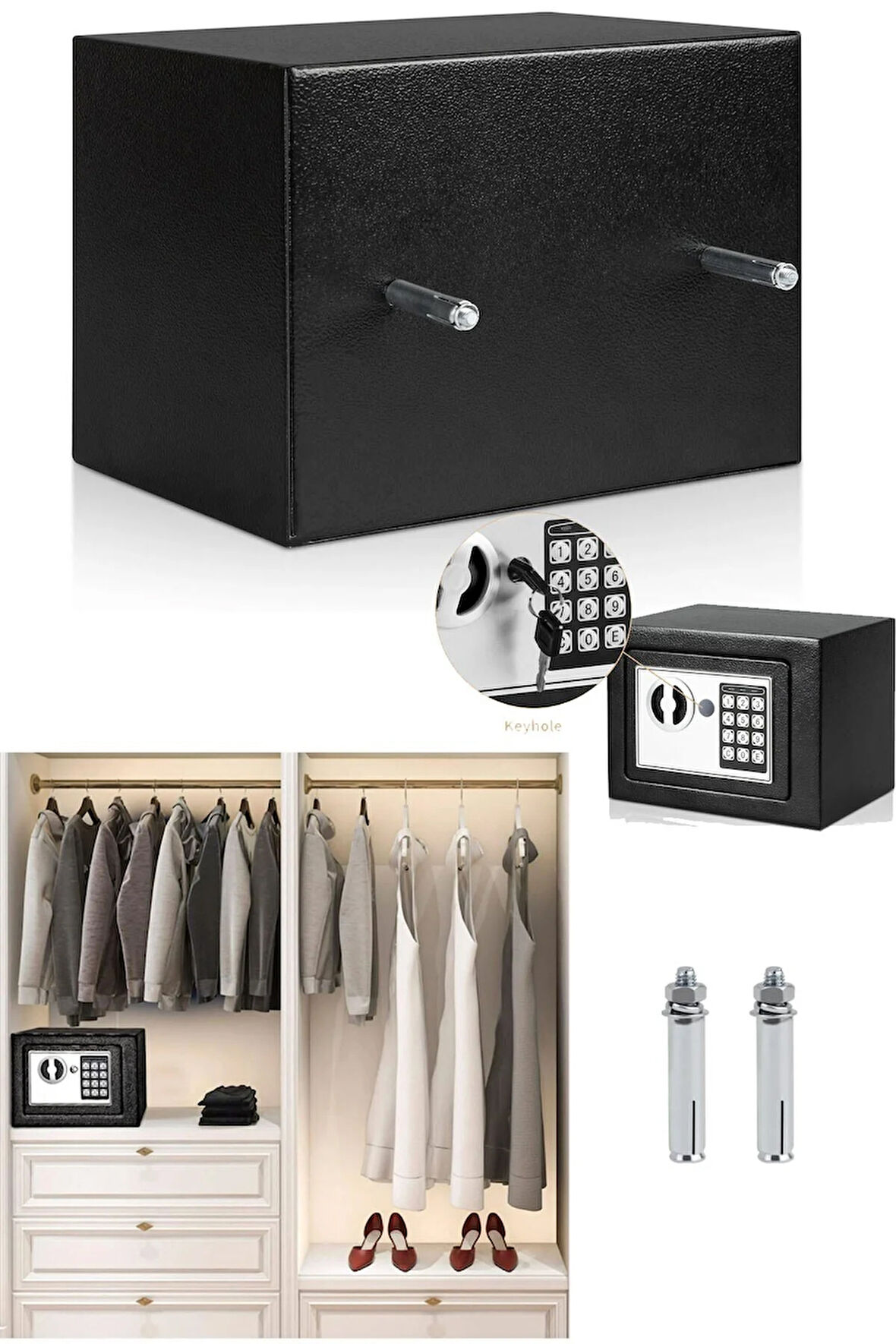 17x23cm Ev Otel Tipi Şifreli ve Çift Anahtarlı Para Kasası Paslanmaz Çelik Kasa + Hediye Montaj Set