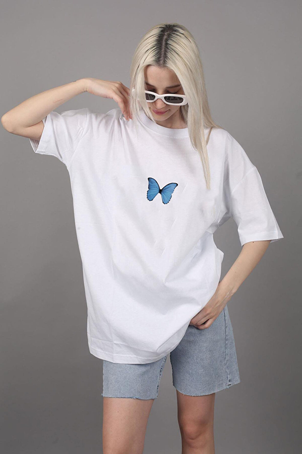 T-shirt Mavi Kelebek Baskılı Pamuk Bisiklet Yaka Oversize