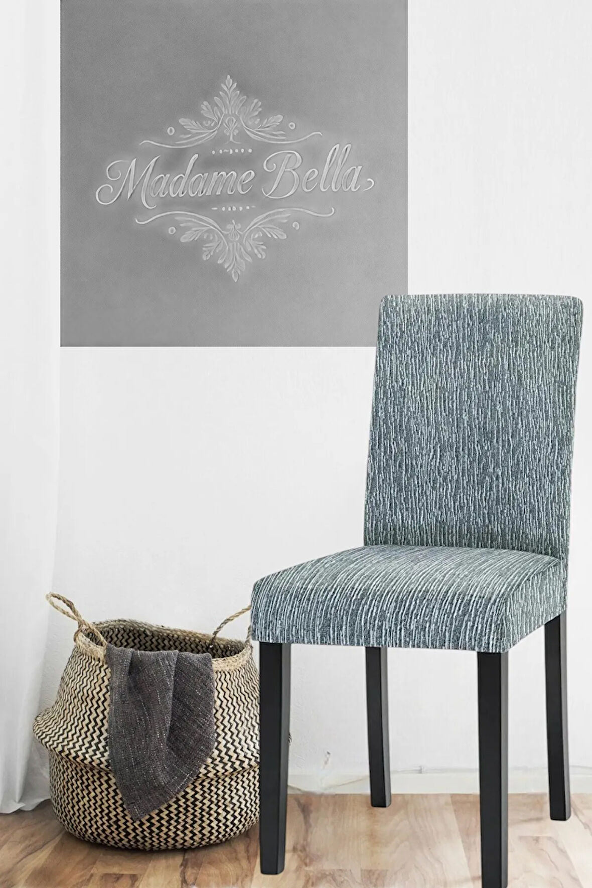 Gri Çubuk desen jakarlı esnek yıkanabilir lastikli 1 Adet 45x45x60 Boyutunda sandalye kılıfı