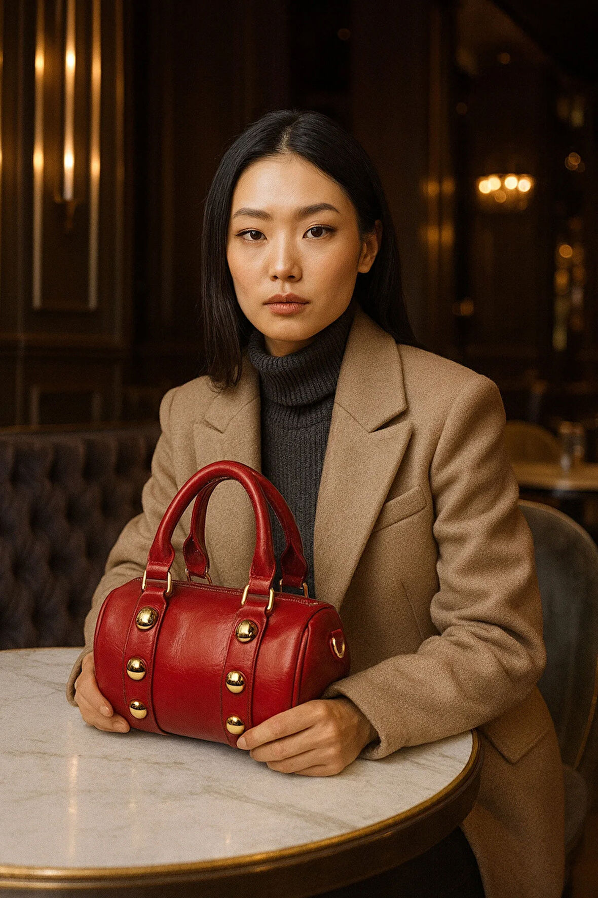 Lüks Altın Detaylı Silindir El ve Omuz Çantası