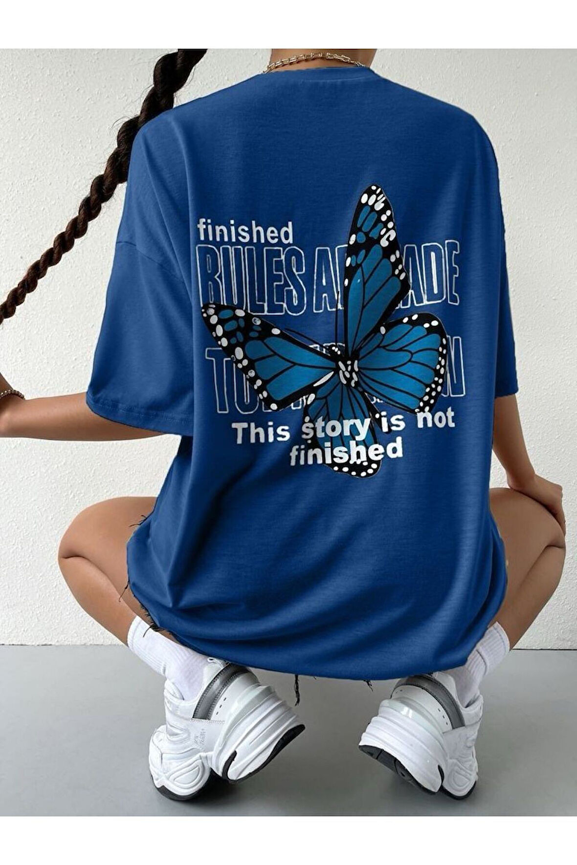 Saksı Mavisi Sırt Ve Ön Kelebek Baskılı Oversize Günlük Giyim Bisiklet Yaka T-shirt