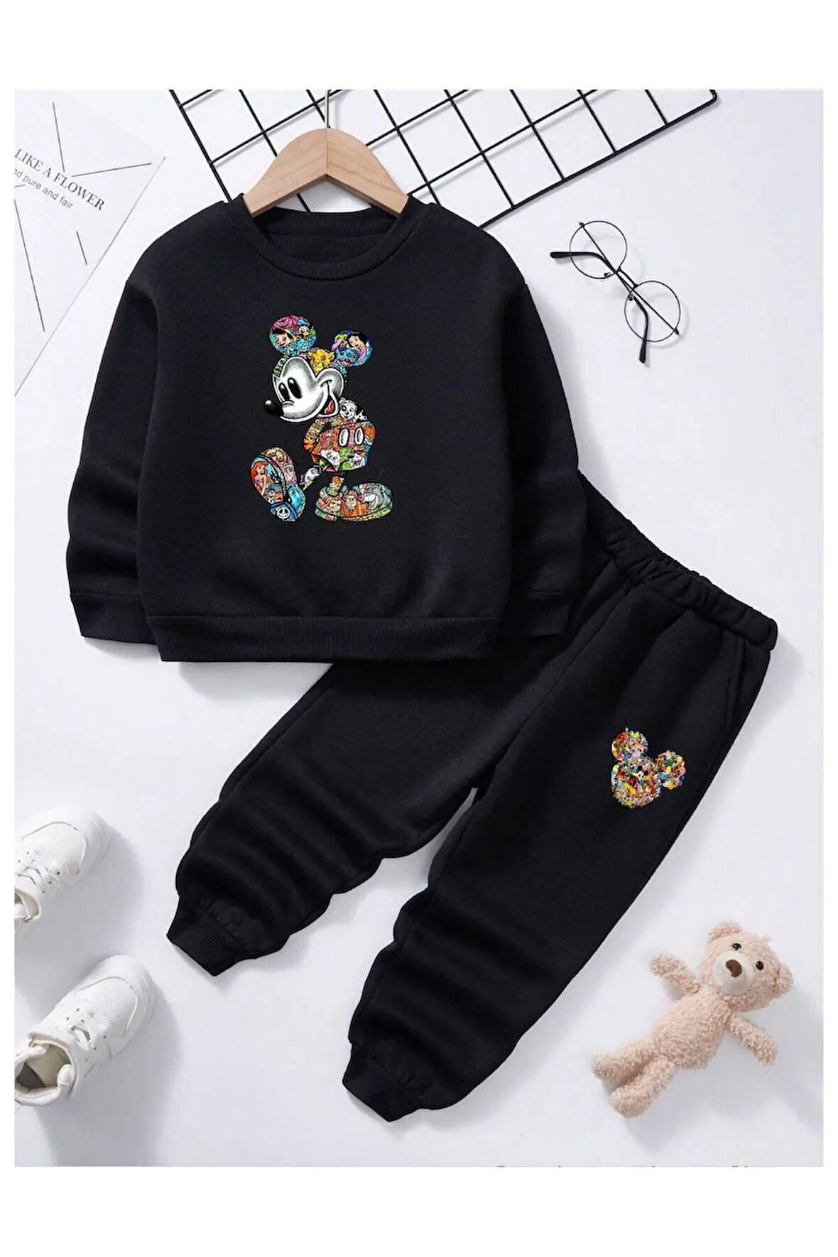 Çocuk Tasarım Mickey Mouse Kahramanlar Baskılı Bisiklet Yaka Alt-üst Takım Pamuklu