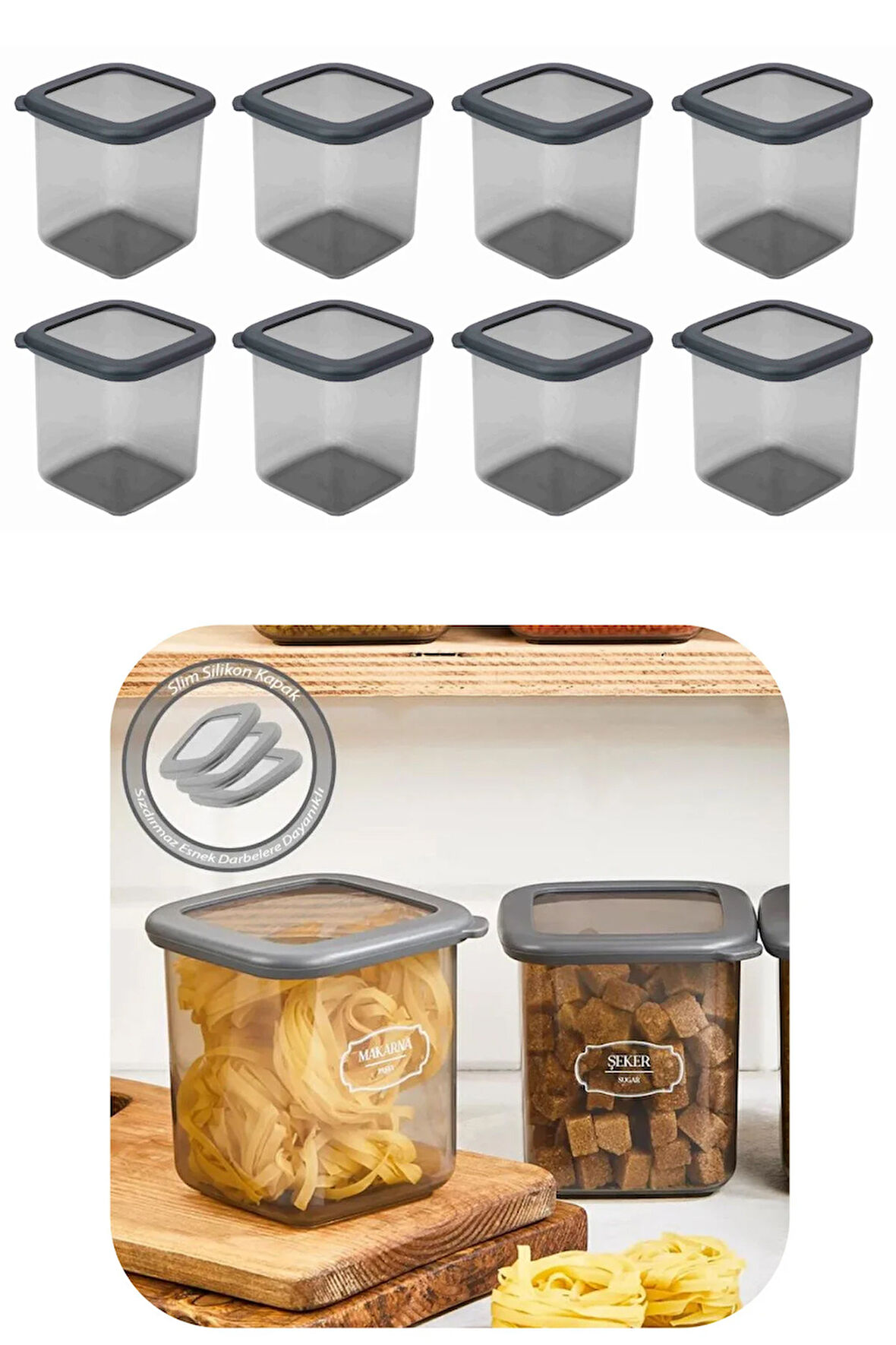 800 ml Gri Kare Saklama Kabı Silikon Kapak Hava Geçirmez Kuru Baklagil Kahve Bakliyat Makarna Kutu