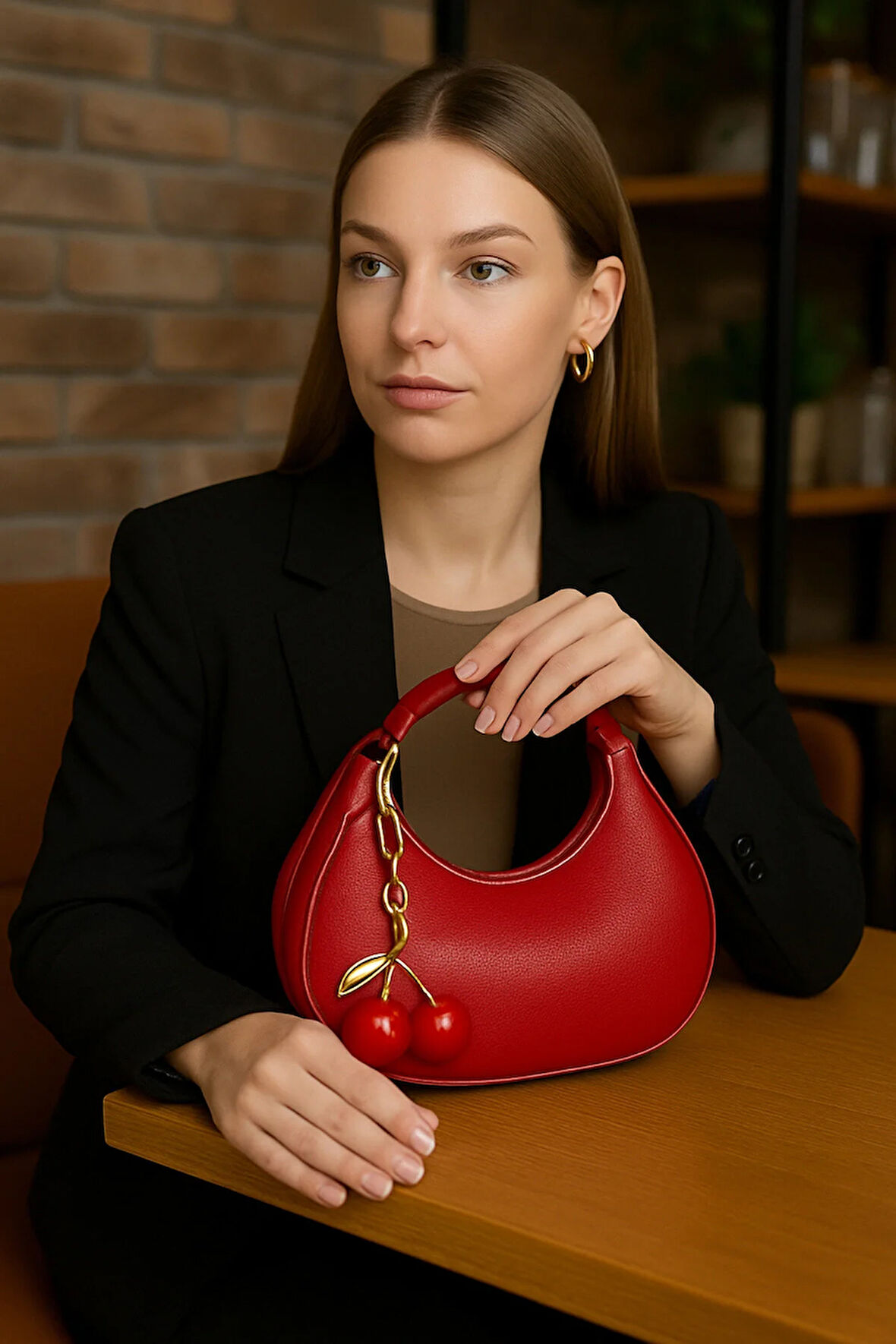 Kiraz Charm Detaylı Omuz Çantası Mini Şık Model