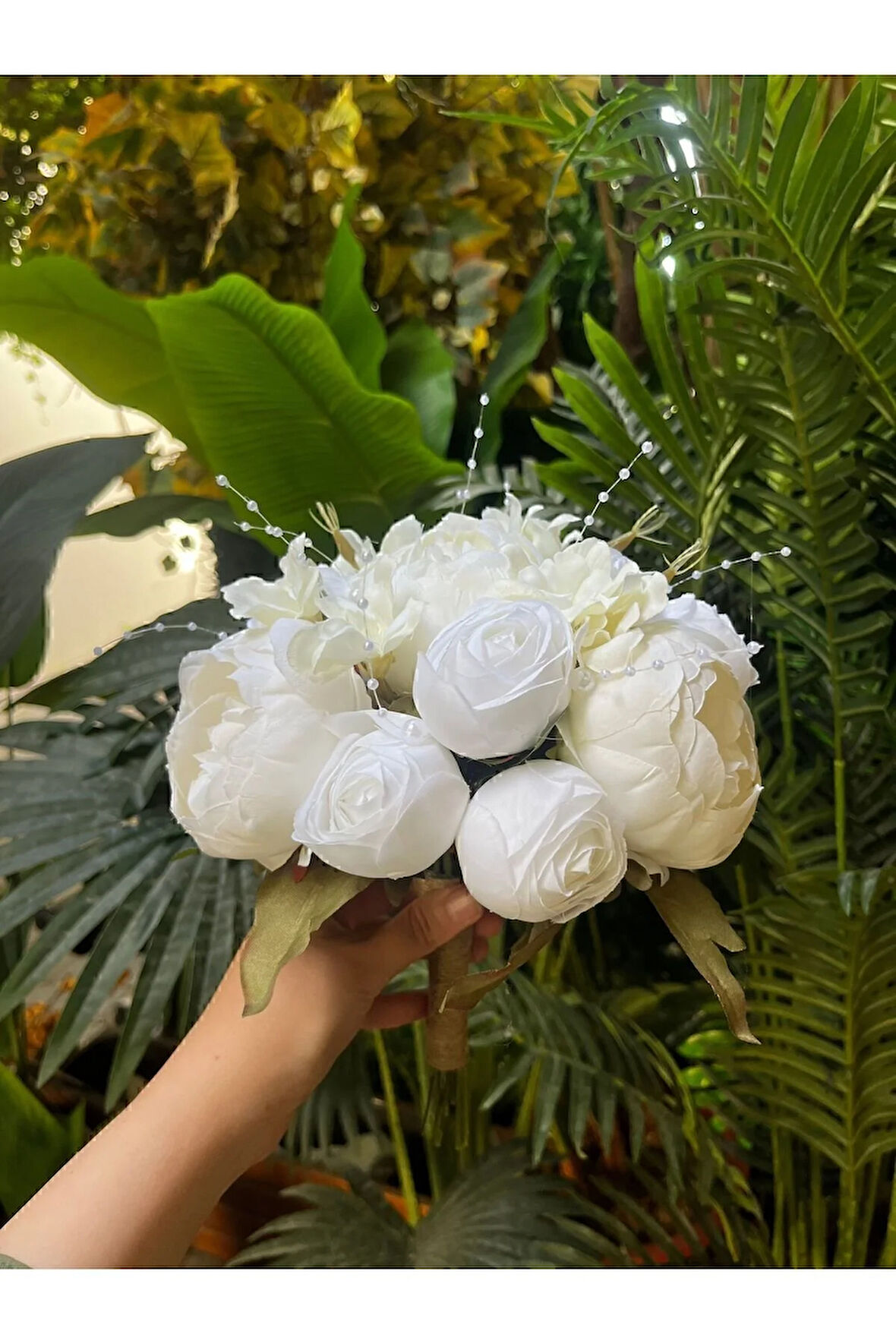 İncili Şakayık Buketi - Beyaz Şakayık buketi - Gelin Buketi - Gelin Çiçeği - Yapay Gelin Çiçeği