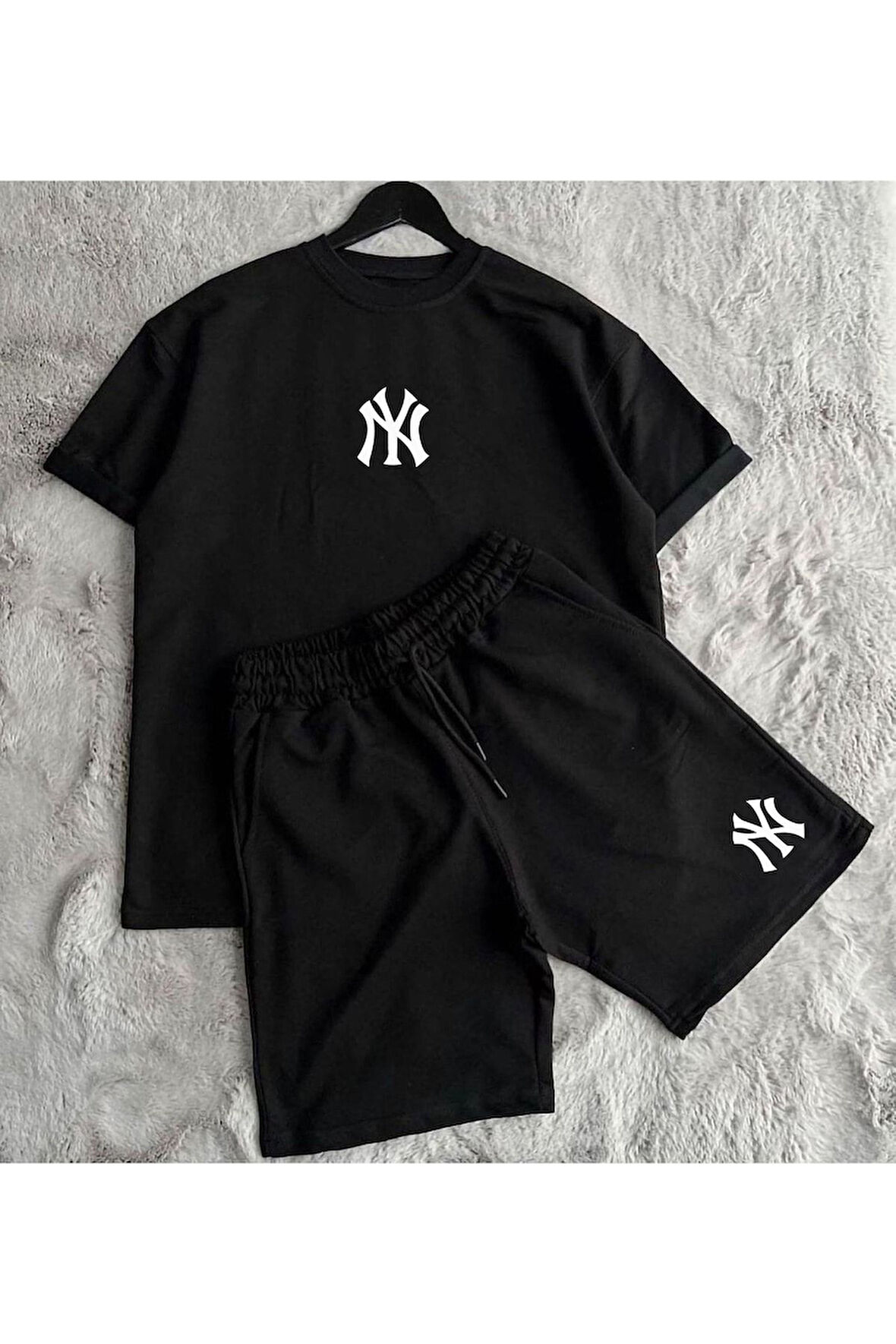 Oversize Baskili T-shirt Şort Kombin Ikili Ürün Set