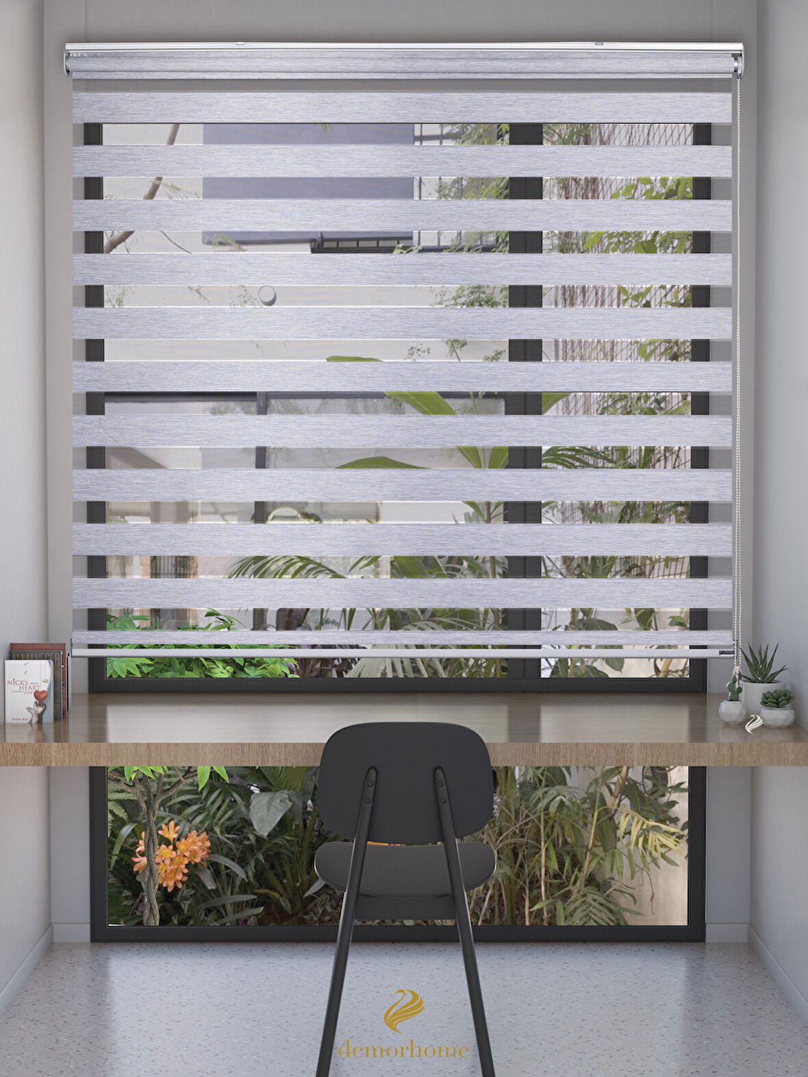 Demor Home Açık Gri Rengi Yüksek Kalite Bambu Zebra, Mekanize Perde