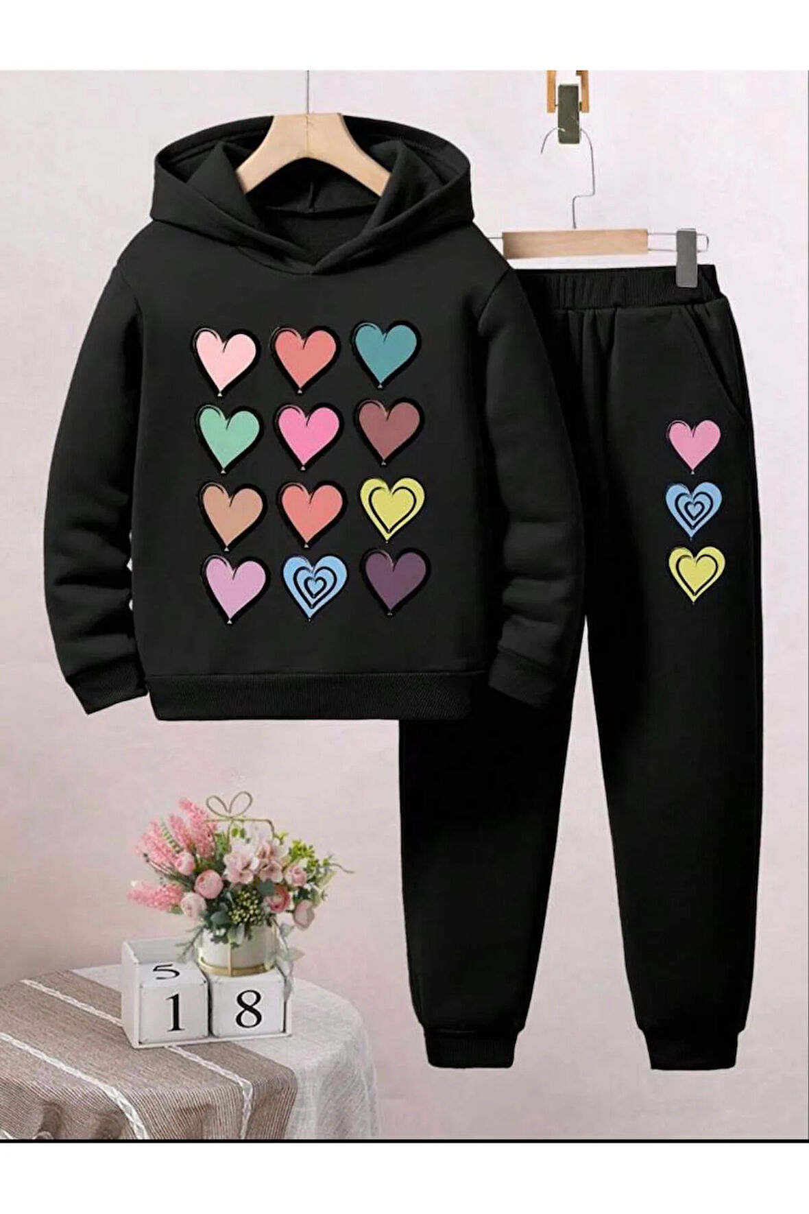 Kız Çocuk Unicorn Kalp Baskılı Kapüşonlu Sweatshirt Eşofman Takımı