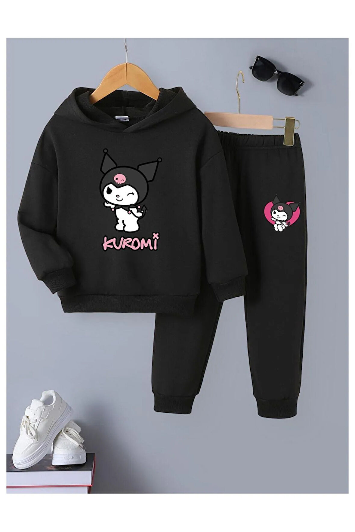 Çocuk Tasarım Kuromi Kalp Baskılı Kapüşonlu Sweatshirt Pamuklu