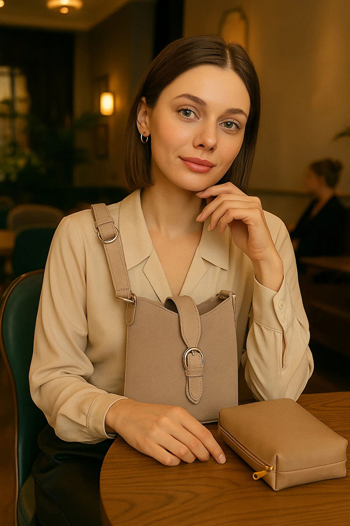 Lüks Süet Deri Detaylı Omuz Çantası & Makyaj Çantası Hediyeli