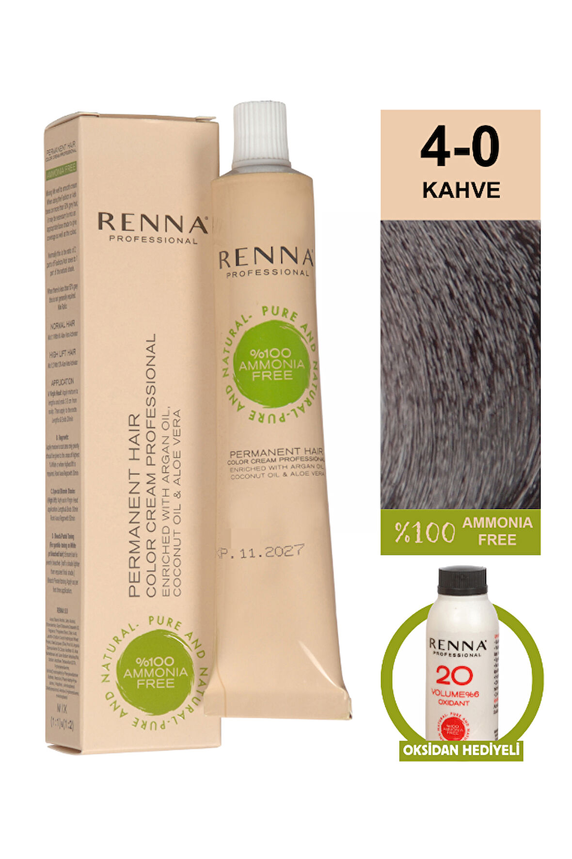Renna Bitkisel Amonyaksız Saç Boyası 60 Ml 4-0 Kahve Oksidan Hediyeli