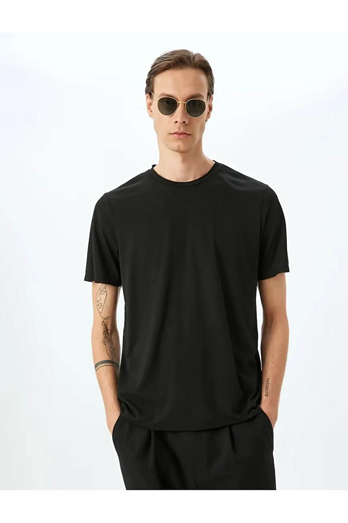 Kısa Kollu Bisiklet Yaka Viskon Karışımlı Siyah Erkek T-shirt 5sam10032hk