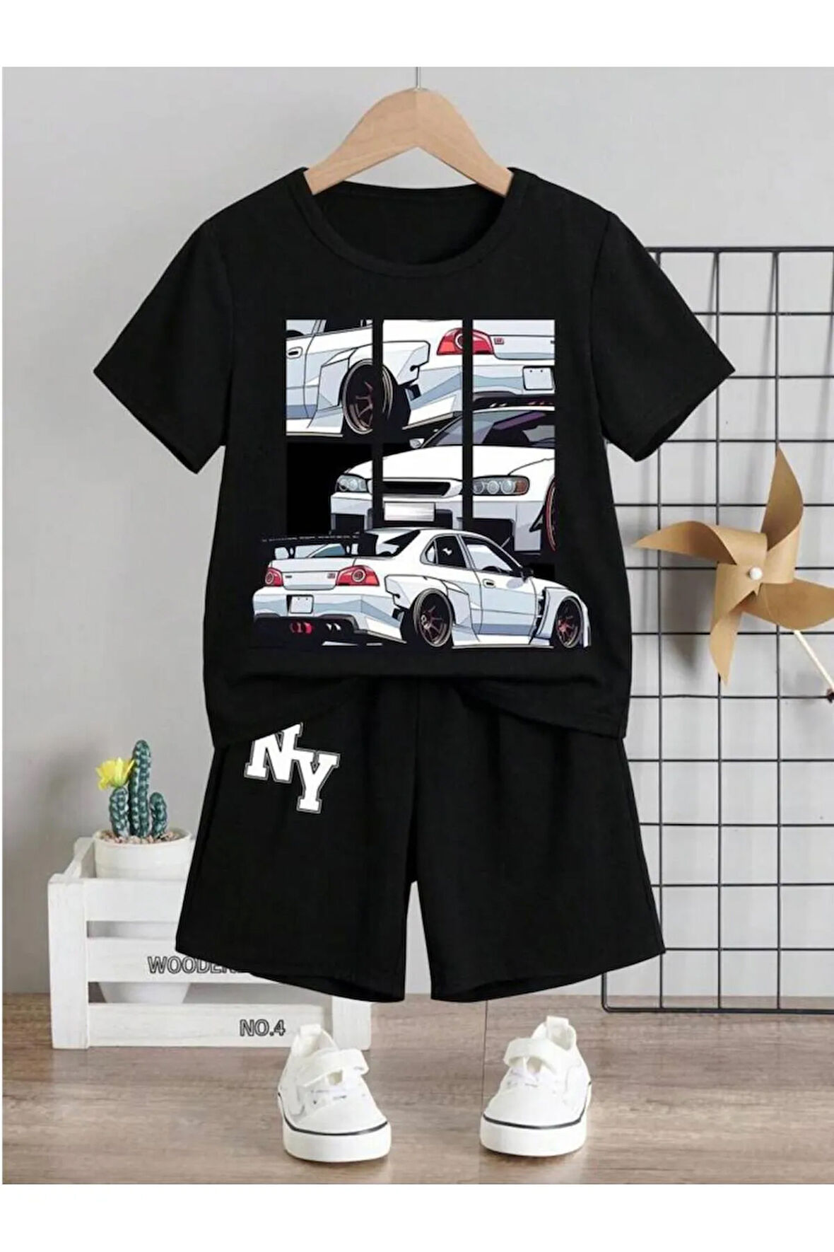 Çocuk Tasarım NY Araba Baskılı T-Shirt Şort Alt Üst Takım %100 Pamuk