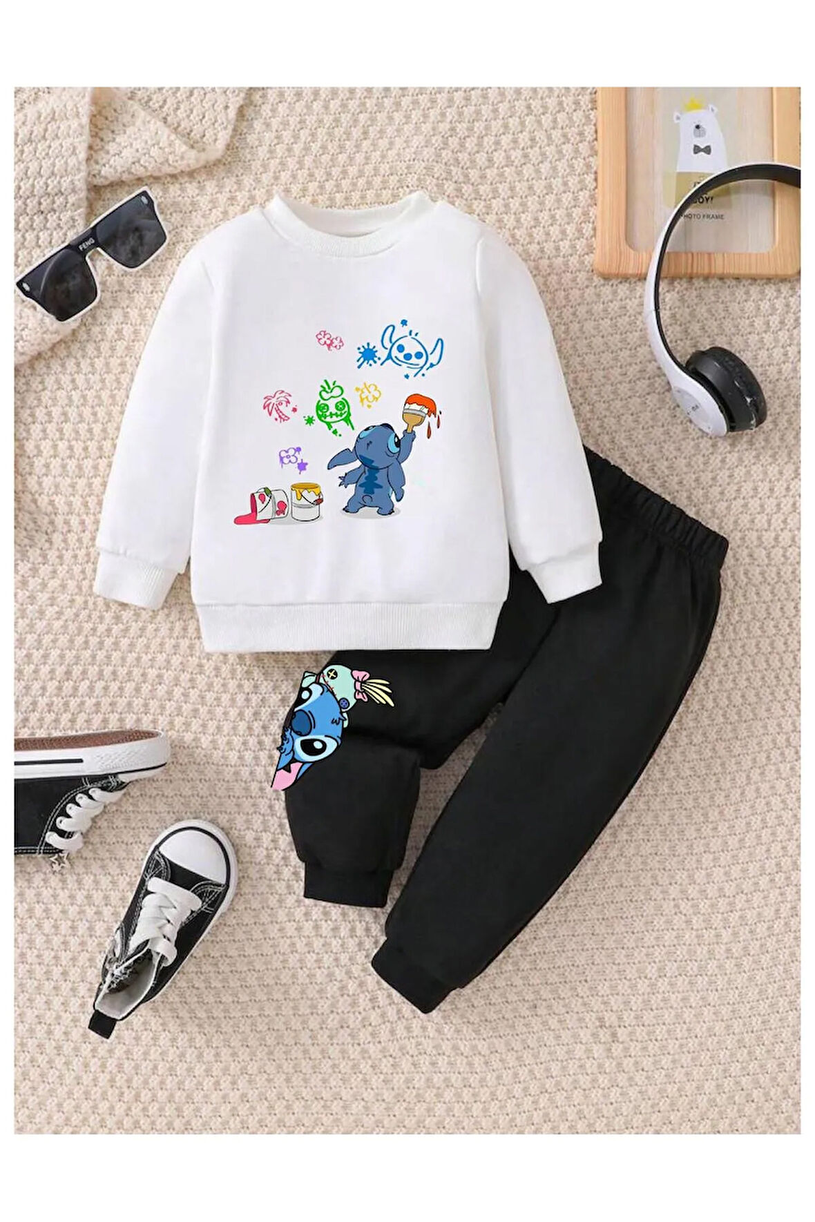 Çocuk Tasarım Boyacı Stitch Baskılı Kapüşonlu Alt-Üst Takım Pamuklu