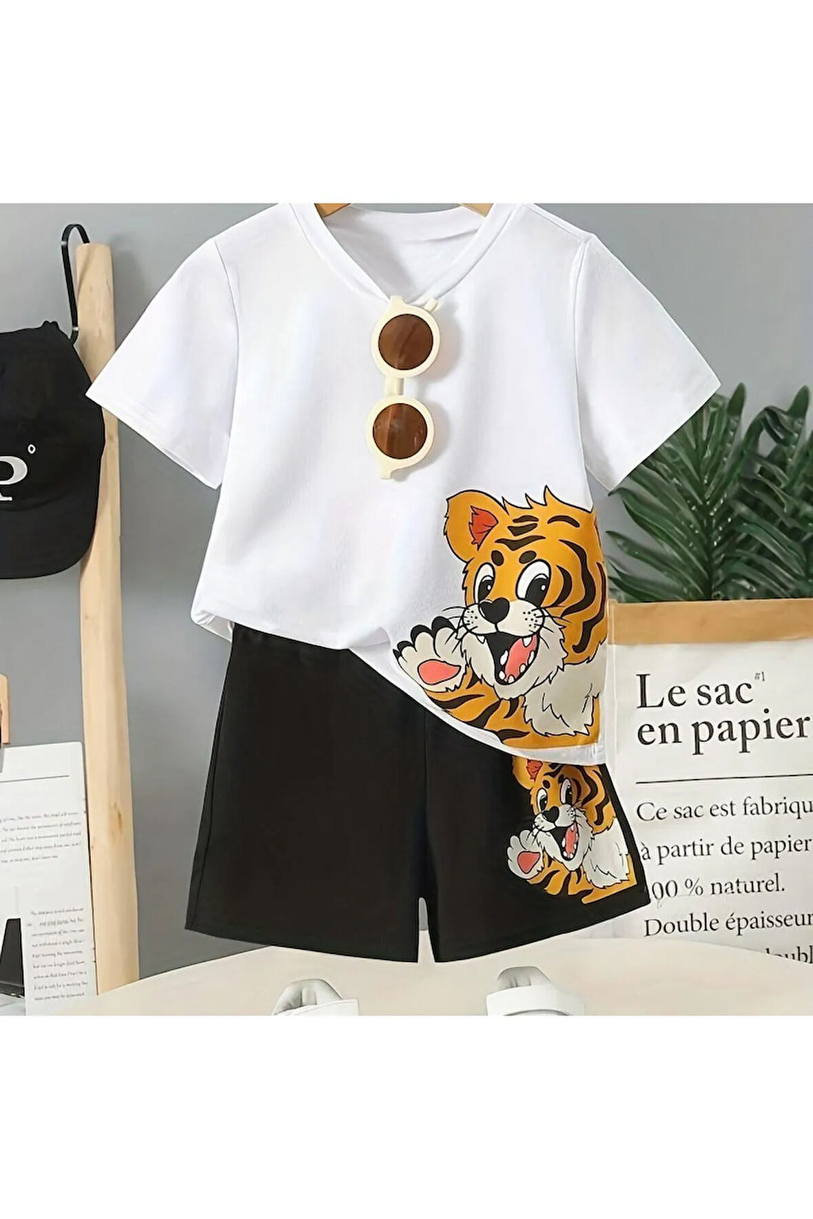 Çocuk Tasarım Aslan Yavrusu Baskılı T-Shirt Şort Alt Üst Takım %100 Pamuk