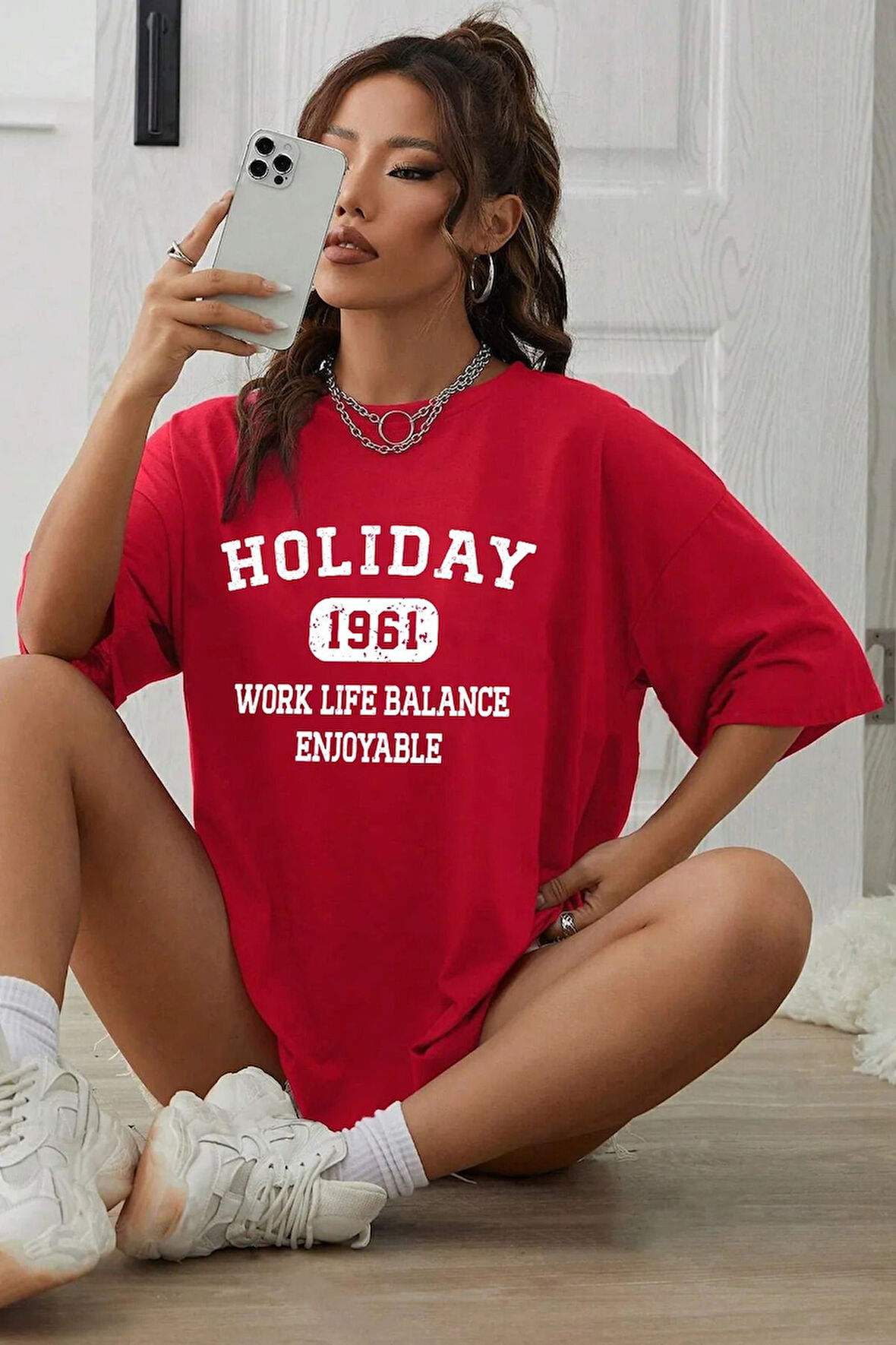 Unisex Holiday Tasarım Baskılı Kırmızı T-shirt