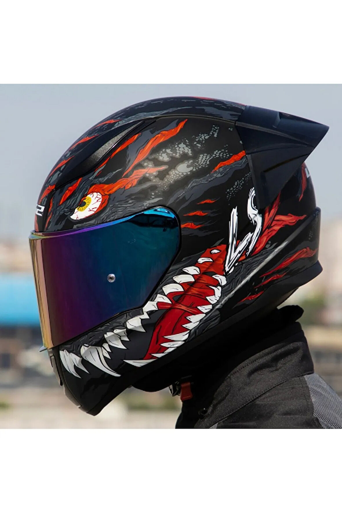 Rapıd 2 Race Kaıju Mat Siyah-Kırmızı Fullface Motosiklet Kaskı Gökkuşağı Camlı
