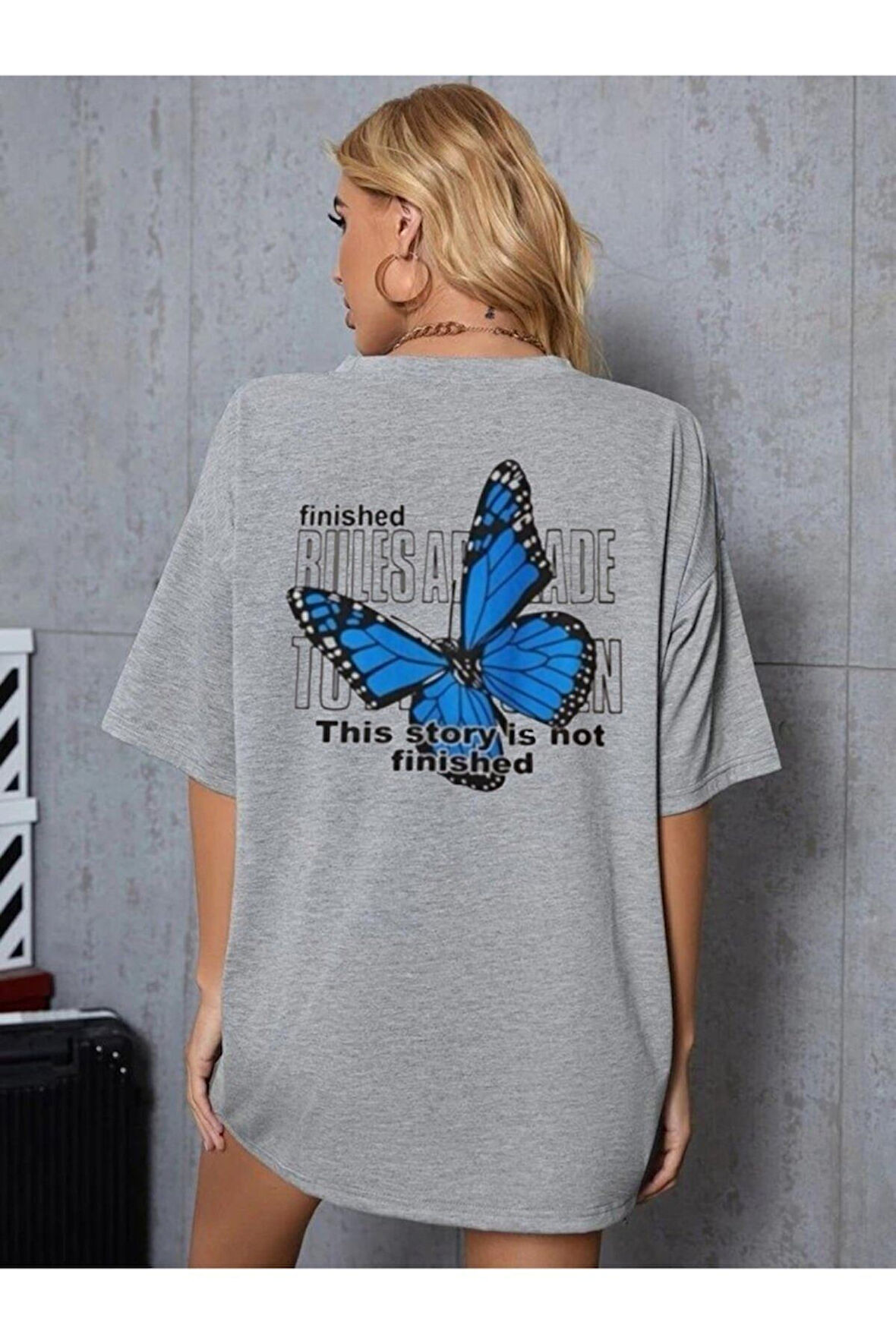 Ark Moda Kadın Gri Mavi Kelebek Baskılı Tshirt