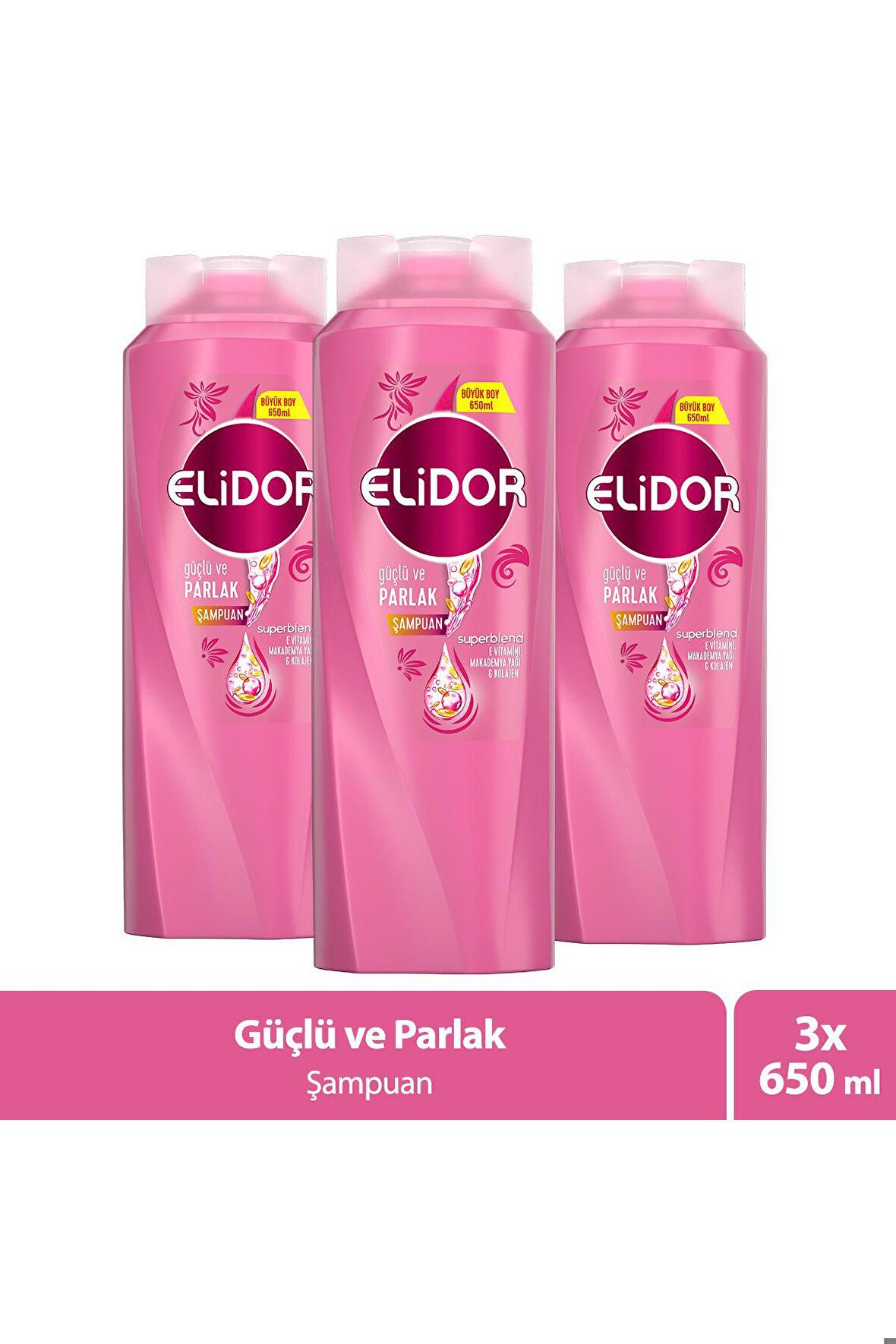 Superblend Saç Bakım Şampuanı Güçlü Ve Parlak E Vitamini Makademya Yağı Kolajen 650 ml X3