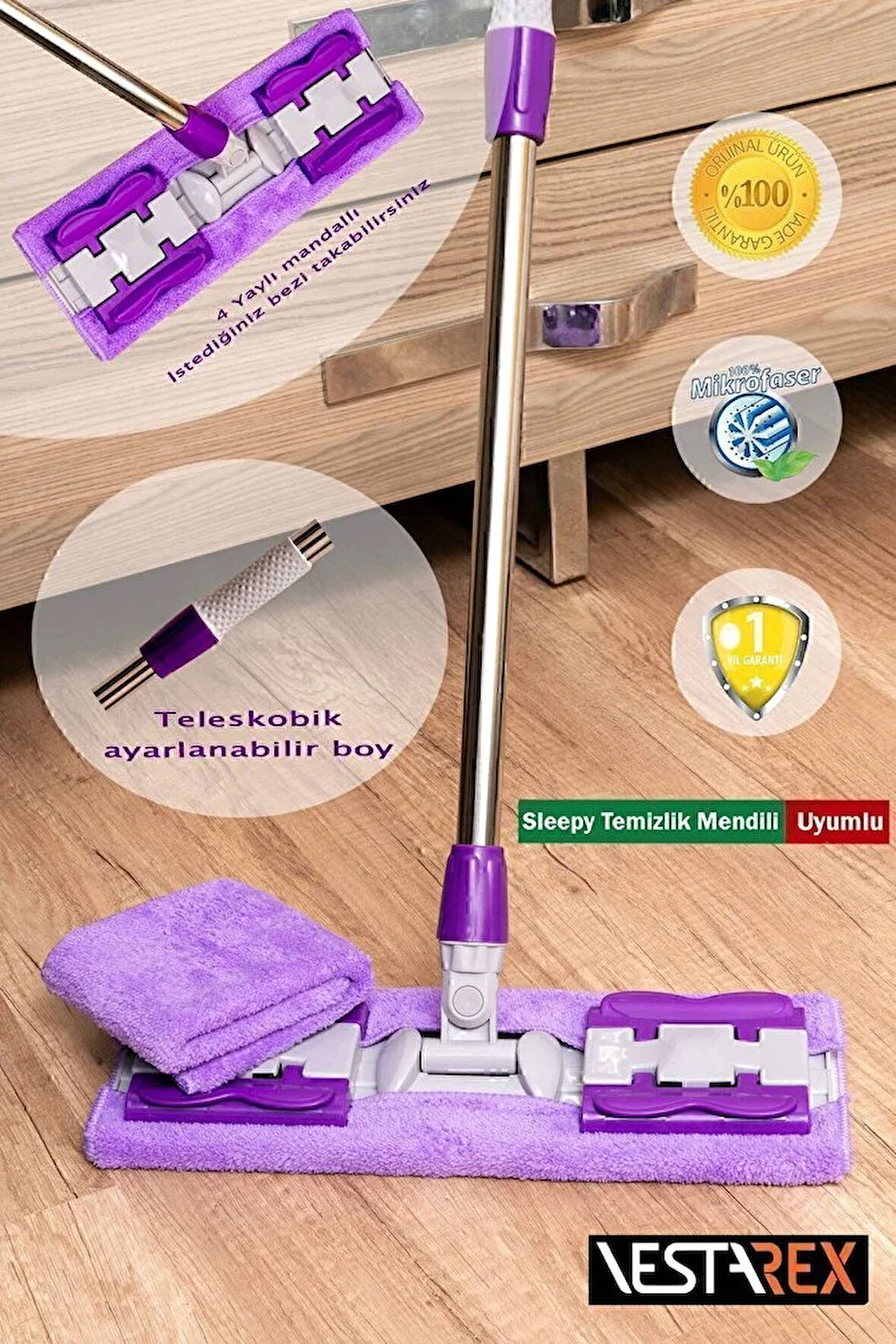 (GARANTİLİ)1 Yedek Bezli Yer Mopu Duvar Fayans Cam Temizlik Mikrofiber 4 Mandallı Mop(MOR)
