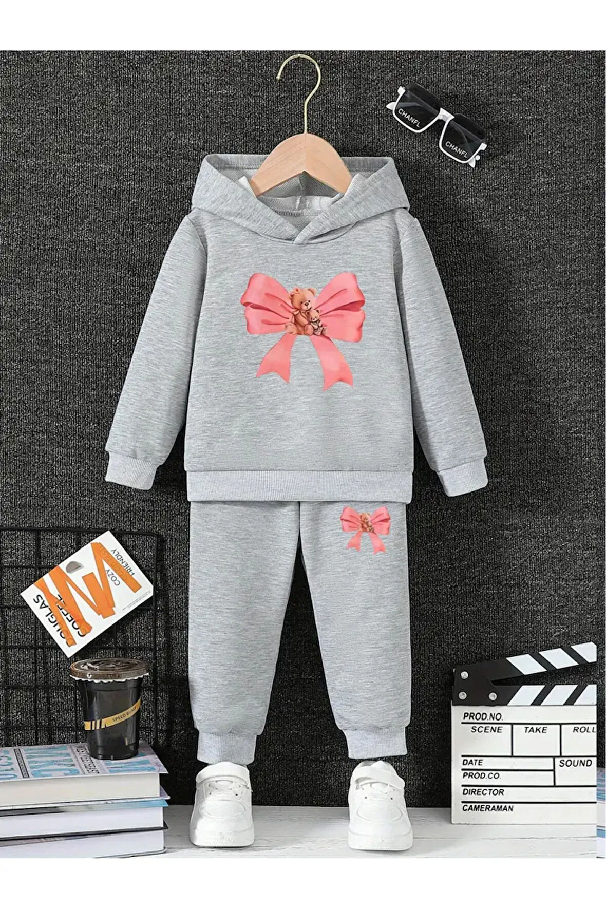 UNISEX GRİ PEMBE KURDELELİ AYICIK ÇOÇUK ALT ÜST TAKIM