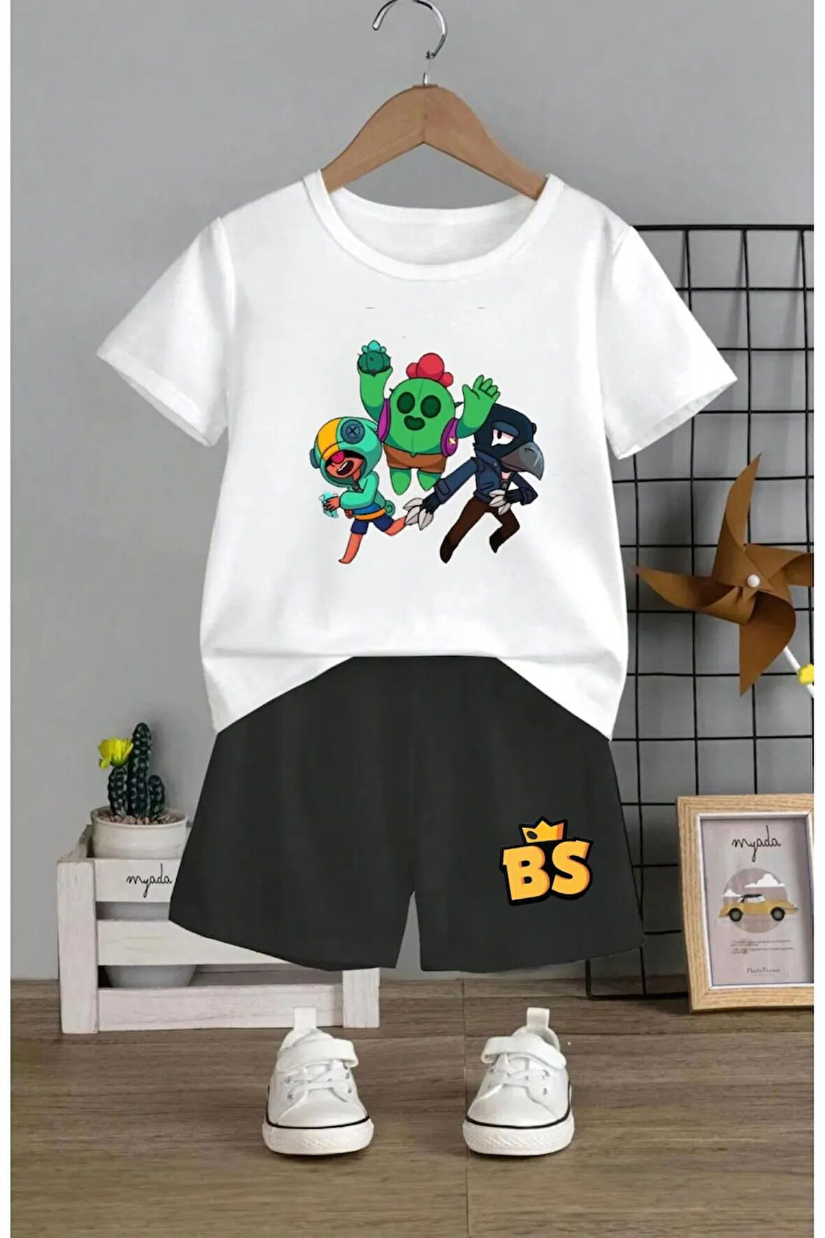 Çocuk Tasarım Brawl Stars Kaktüs Karga Baskılı T-Shirt Şort Alt Üst Takım %100 Pamuk