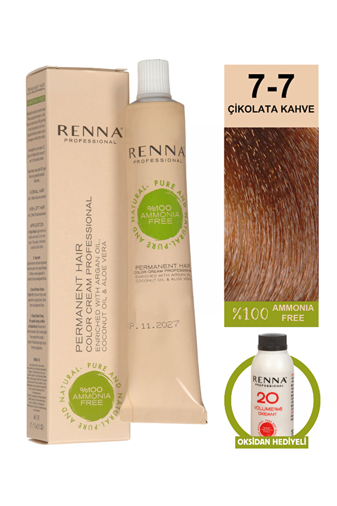 Renna Bitkisel Amonyaksız Saç Boyası 60 Ml 7-7 Çikolata Kahve Oksidan Hediyeli