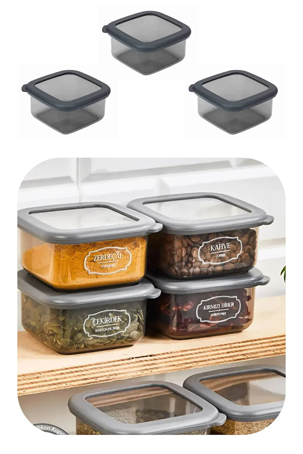 400 ml Gri Kare Saklama Kabı Silikon Kapak Hava Geçirmez Kuru Baklagil Kahve Bakliyat Makarna Kutu