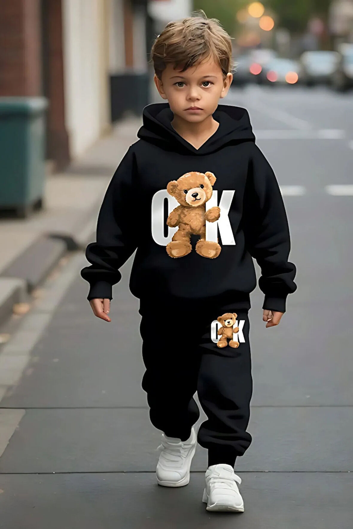 Mevsimlik Baskılı Unisex Cool Çocuk Kapşonlu Ve Kanguru Cepli Takım