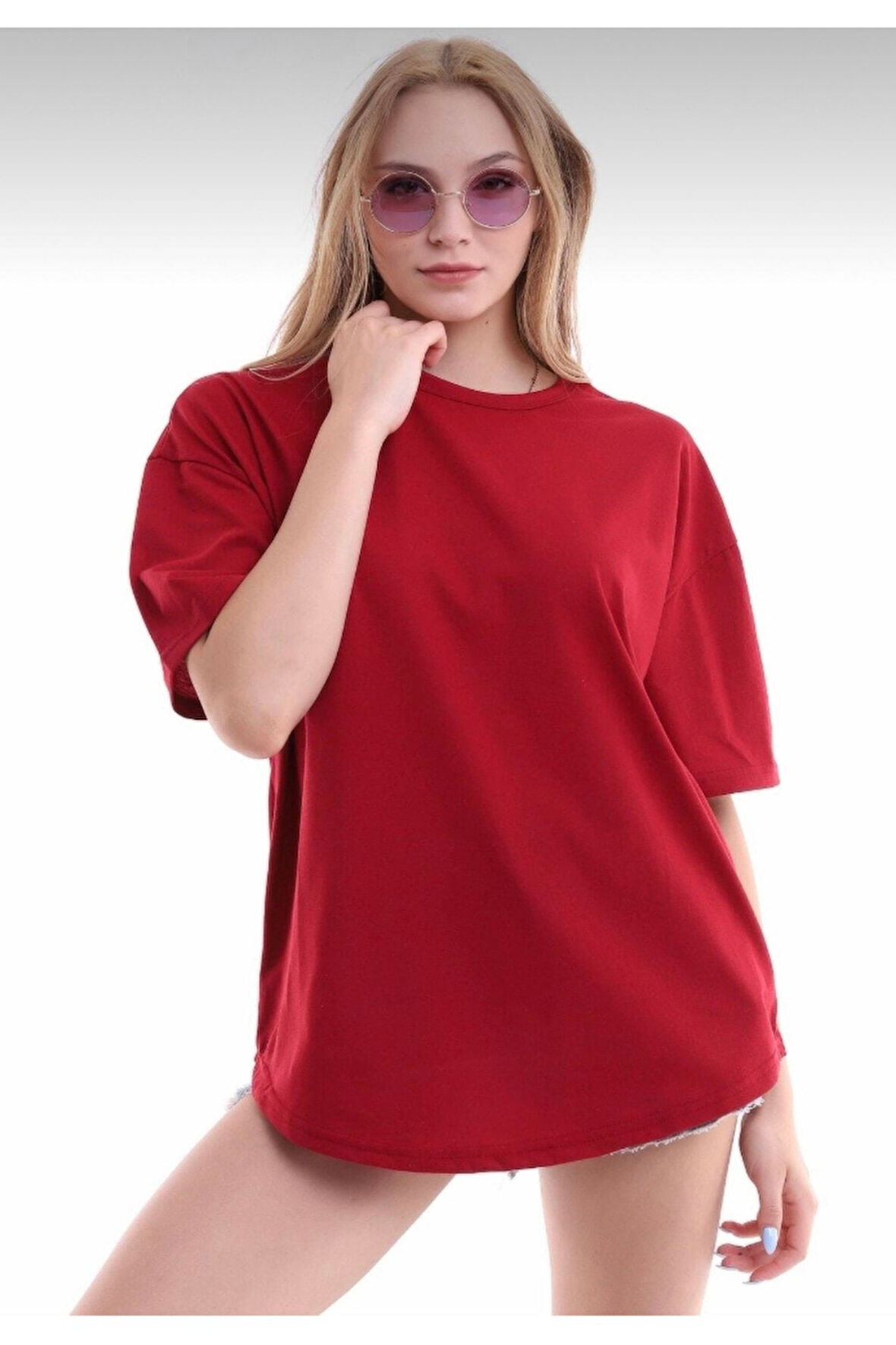 Unisex Pamuklu Bordo Bisiklet Yaka Oversize T-shirt