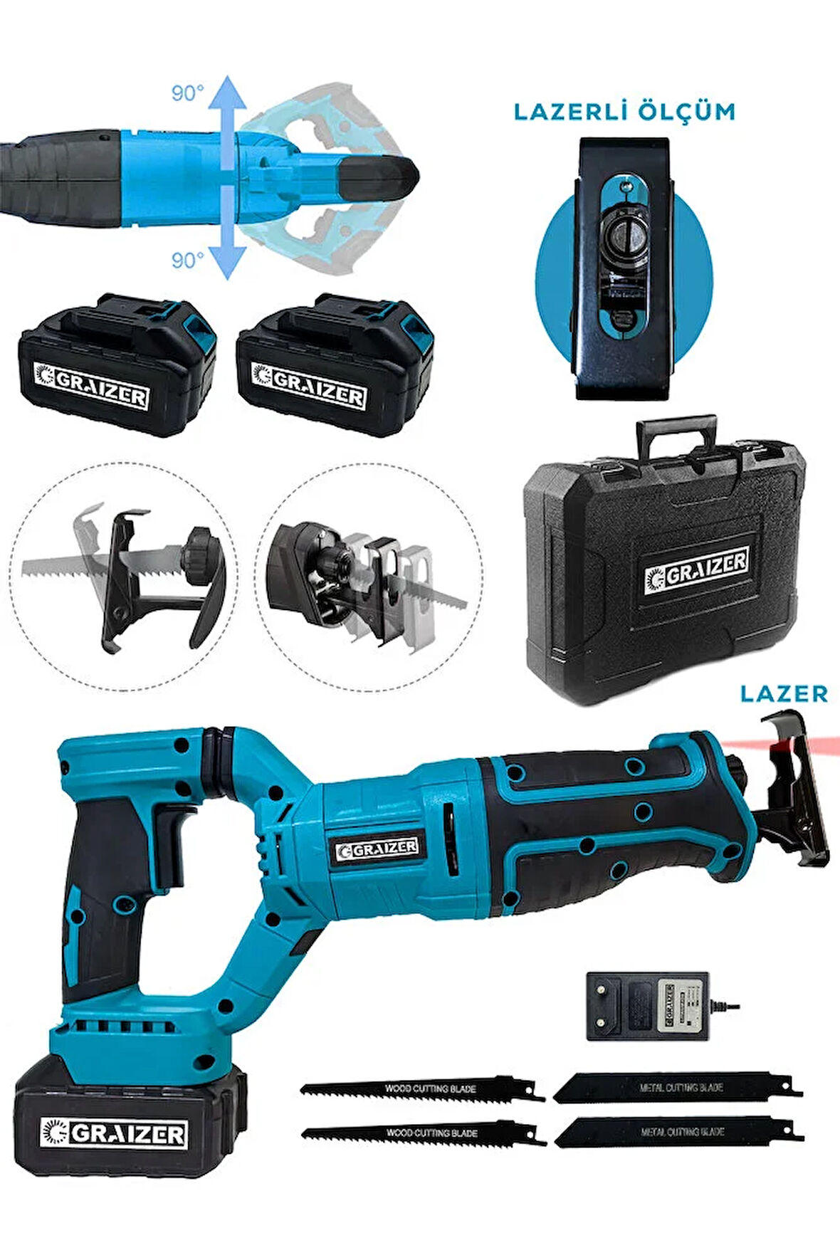 180 Derece Döner Başlıklı Şarjlı Kömürsüz Çelik Şanzıman Kemik Kesme Tilki Kuyruğu Testere Mavi