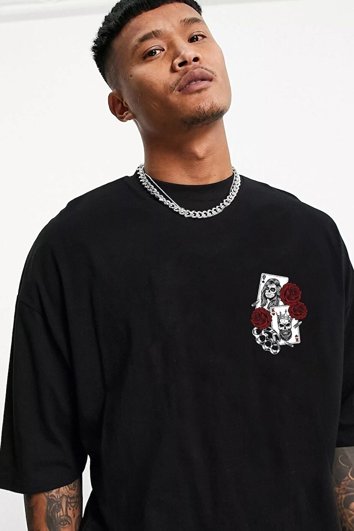 Siyah Ön Baskılı Pamuklu T-shirt