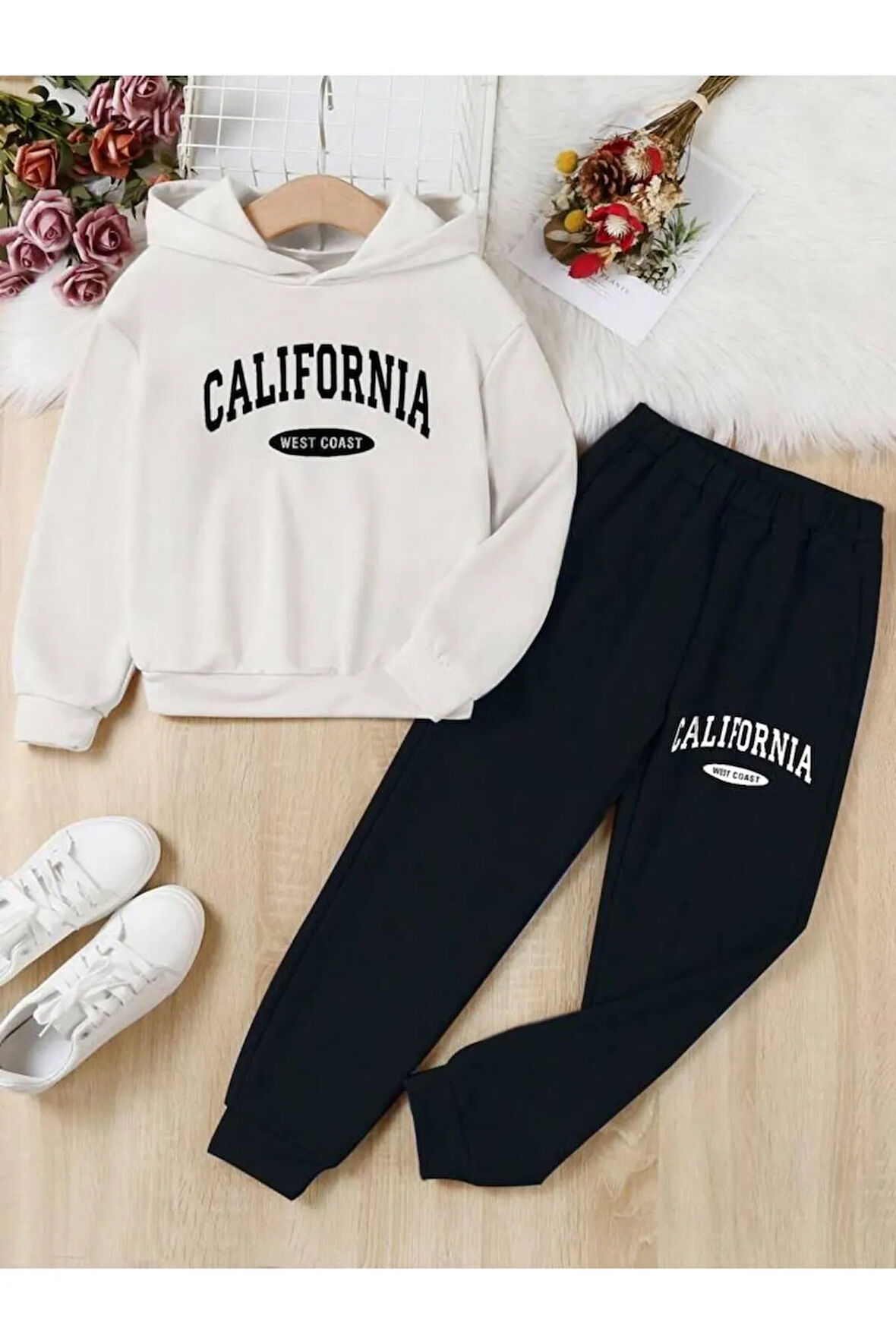 Kız\Erkek Çocuk Beyaz California West Coast Baskılı Kapşonlu Eşofman Takımı