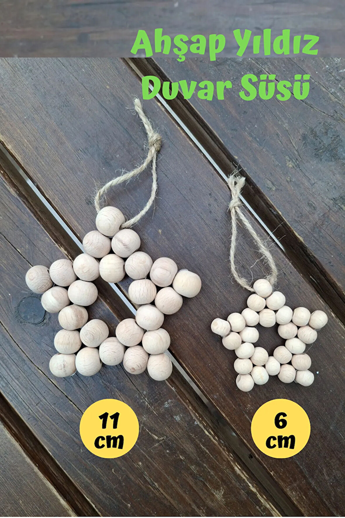 2'li Dekoratif Ahşap Boncuklu Yıldız Set Bebek Odası Süsü - Mutfak Süsü - Ağaç Süsü