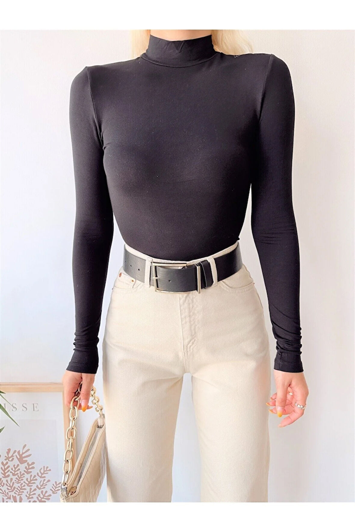 Kadın Siyah Dik Yaka Uzun Kol Viskon Bluz