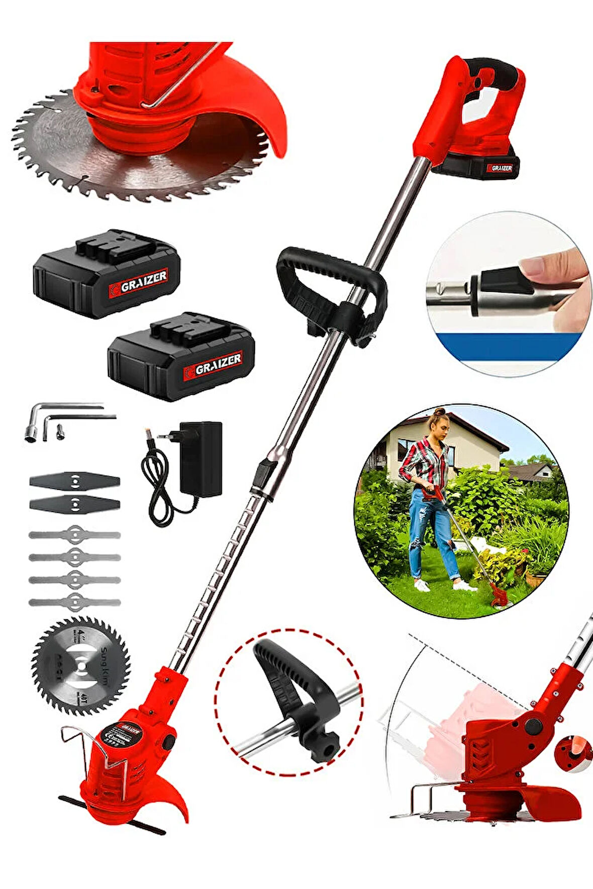 Pro Kızaklı Uzatma Kollu Akülü Ot Çalı Çim Biçme Şarjlı Tırpan Kırmızı